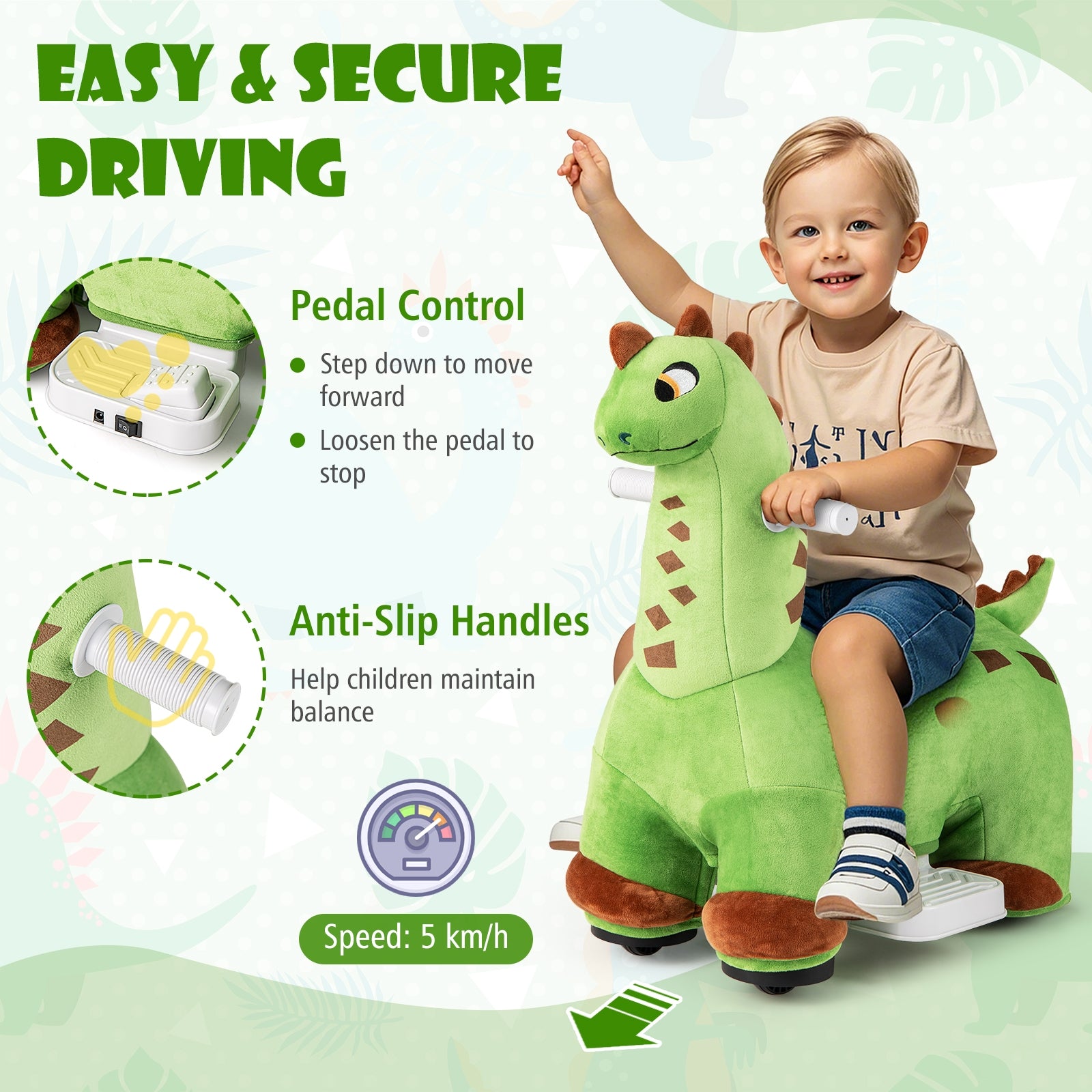 6V Kids Ride on Dinosaur with Foot Pedal and Padded Seat and Music, Green Push & Pedal Ride On Toys at Gallery Canada