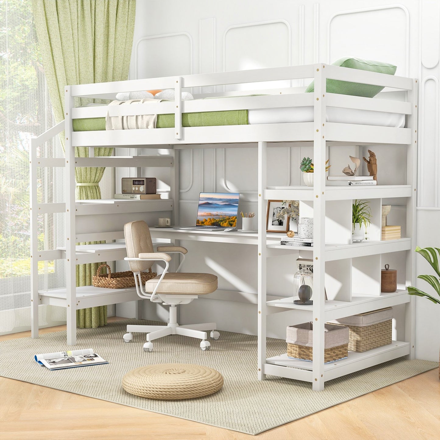 Twin Size Loft Bed with Desk and Storage Stairs Loft Bed Frame with Shelves and Safety Guardrails, White Bunk Bed Frame   at Gallery Canada