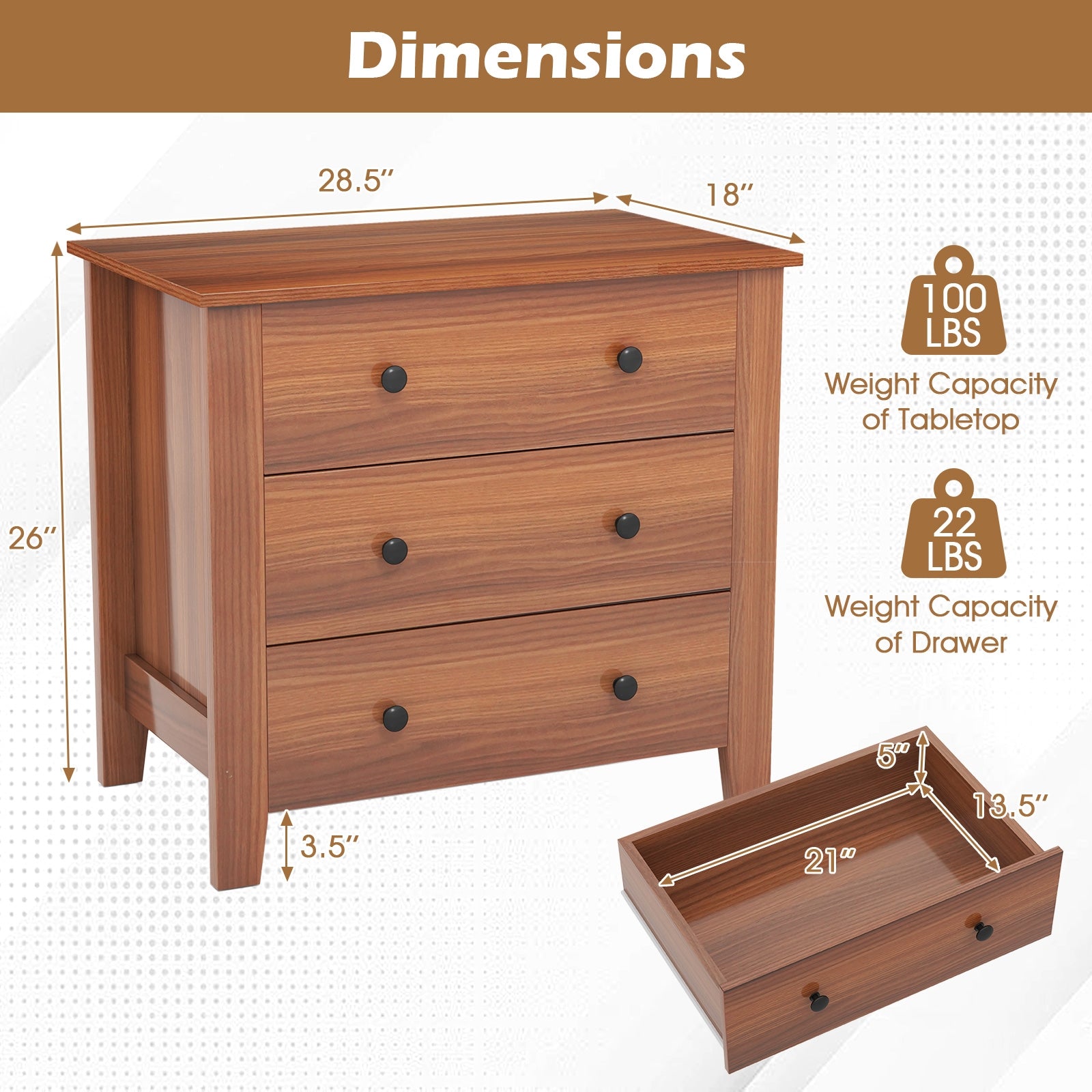 3 Drawer Dresser Chest of Drawers Bedside Table, Walnut Cabinets & Chests at Gallery Canada