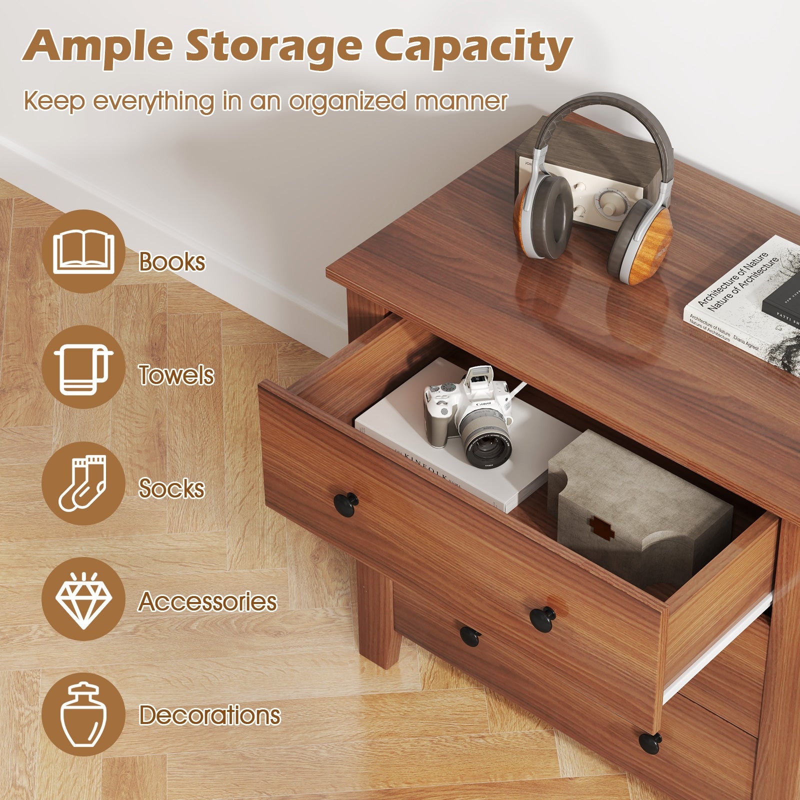 3 Drawer Dresser Chest of Drawers Bedside Table, Walnut Cabinets & Chests at Gallery Canada