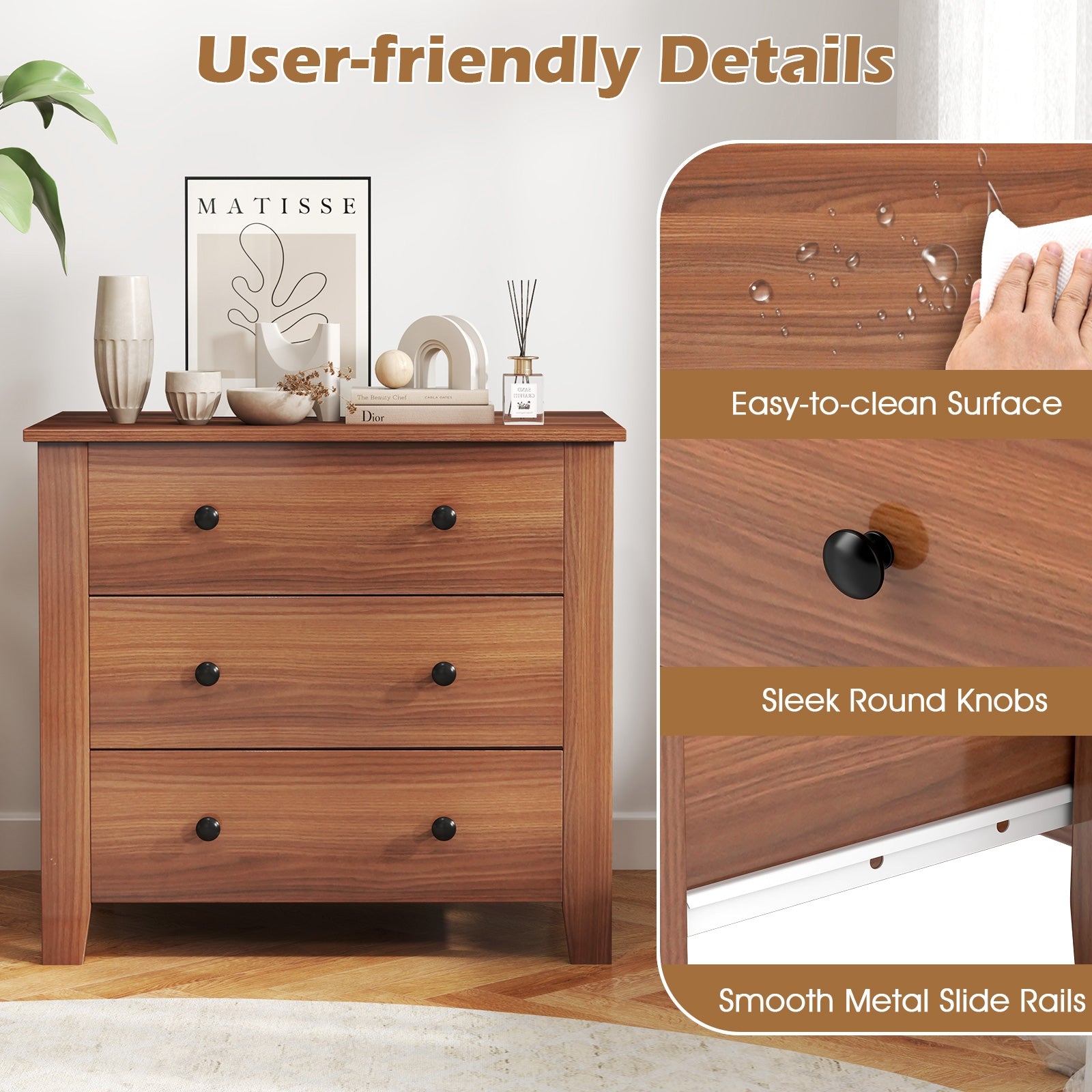 3 Drawer Dresser Chest of Drawers Bedside Table, Walnut Cabinets & Chests at Gallery Canada