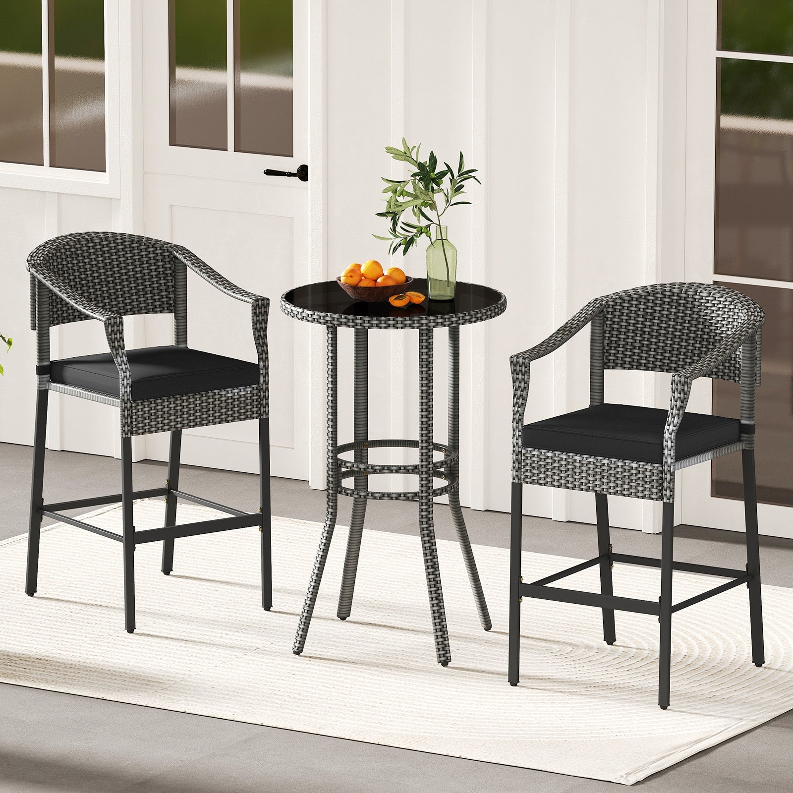 3-Piece Patio Rattan Bar Set with Tempered Glass Top for Backyard Poolside, Gray Patio Bar Furniture at Gallery Canada