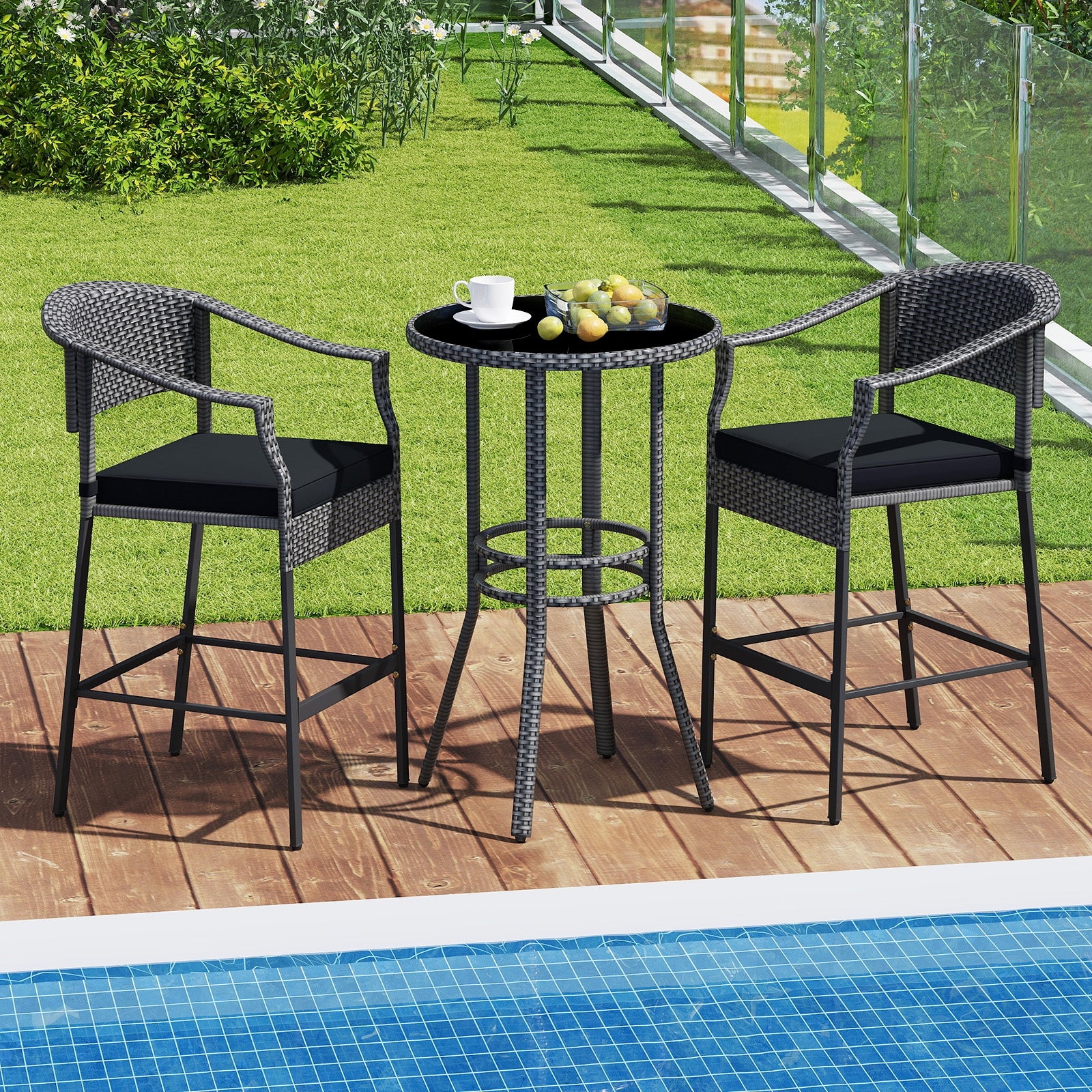 3-Piece Patio Rattan Bar Set with Tempered Glass Top for Backyard Poolside, Gray Patio Bar Furniture at Gallery Canada