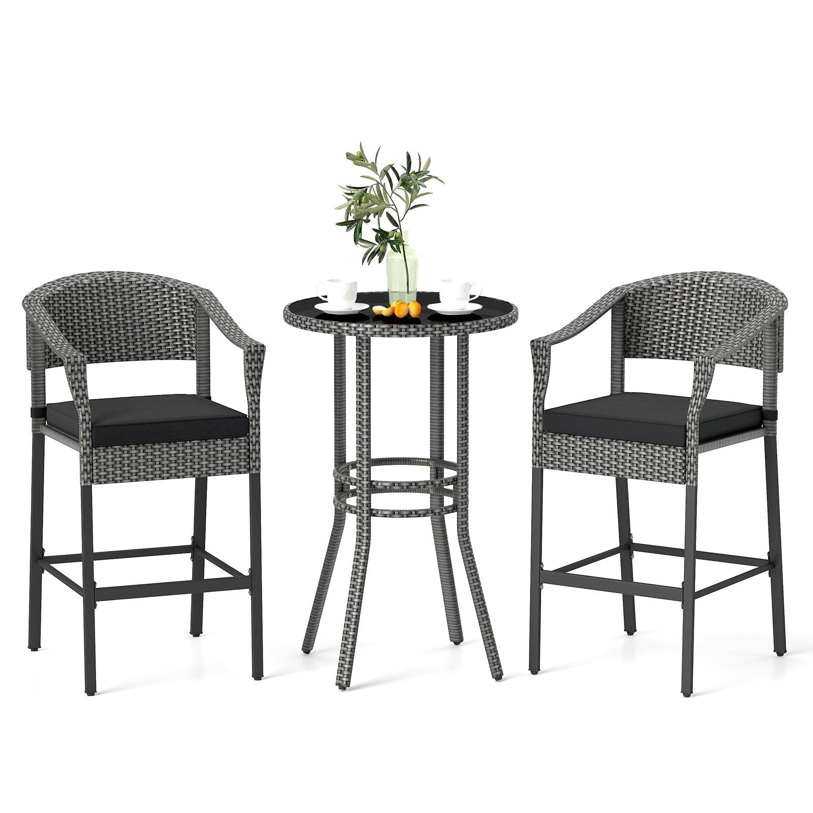 3-Piece Patio Rattan Bar Set with Tempered Glass Top for Backyard Poolside, Gray Patio Bar Furniture Gray at Gallery Canada