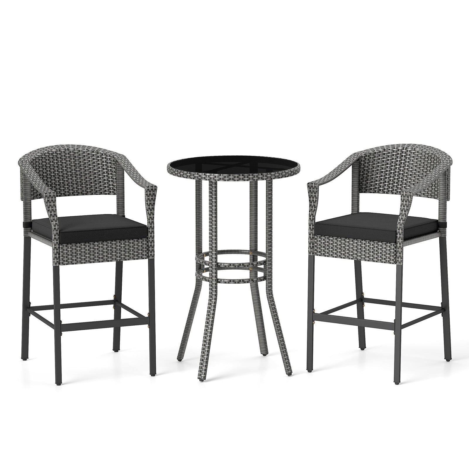 3-Piece Patio Rattan Bar Set with Tempered Glass Top for Backyard Poolside, Gray Patio Bar Furniture at Gallery Canada