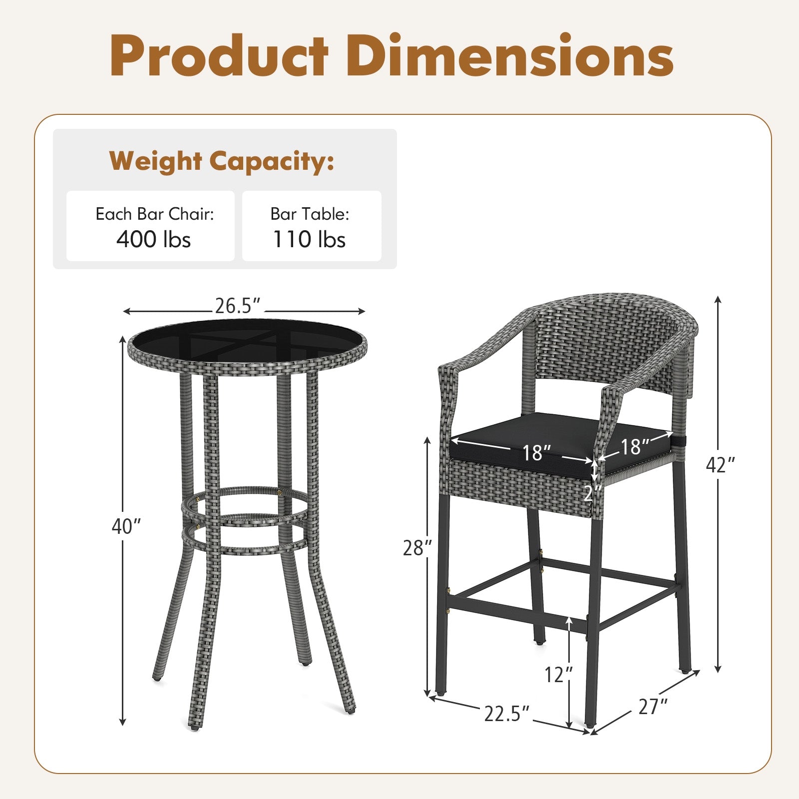 3-Piece Patio Rattan Bar Set with Tempered Glass Top for Backyard Poolside, Gray Patio Bar Furniture at Gallery Canada