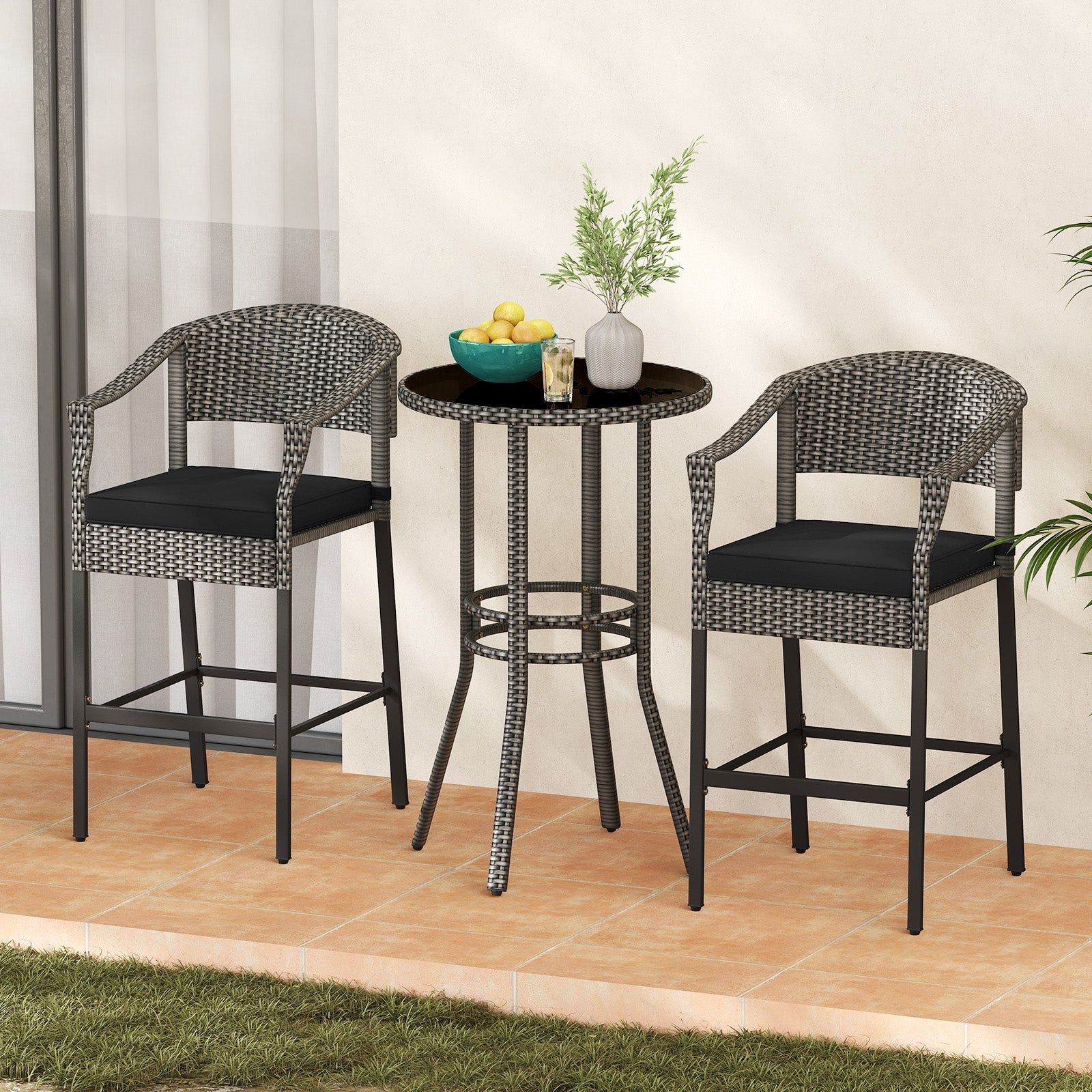 3-Piece Patio Rattan Bar Set with Tempered Glass Top for Backyard Poolside, Gray Patio Bar Furniture at Gallery Canada