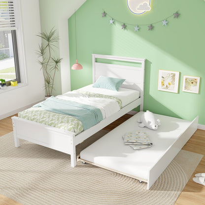 Twin Size Wooden Bed Frame with Trundle for Teens and Adults, White Trundle Bed Frame   at Gallery Canada