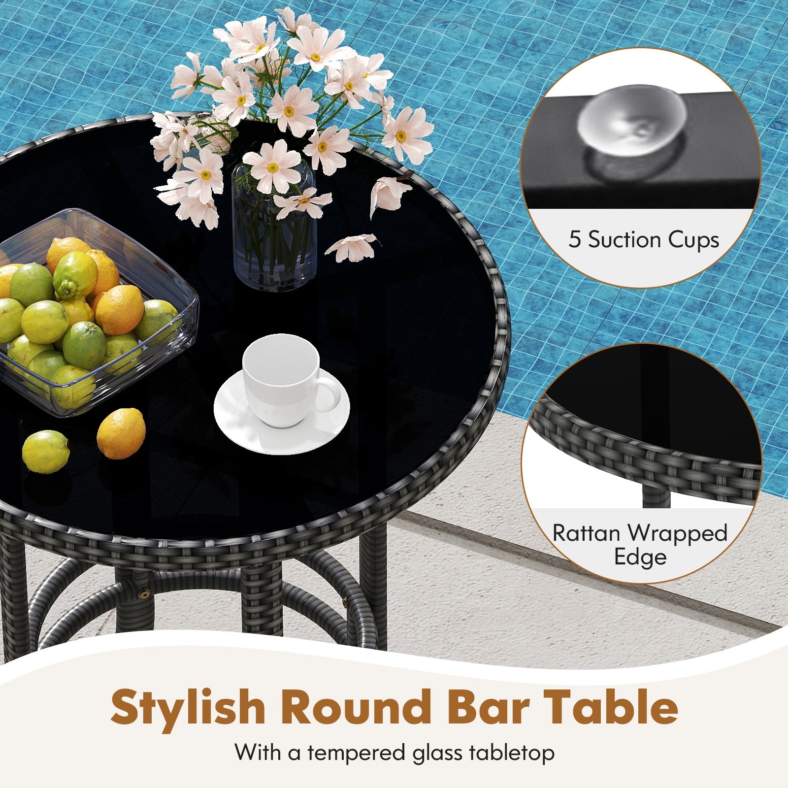 3-Piece Patio Rattan Bar Set with Tempered Glass Top for Backyard Poolside, Gray Patio Bar Furniture at Gallery Canada