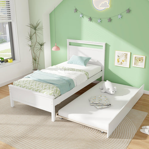 Twin Size Wooden Bed Frame with Trundle for Teens and Adults, White