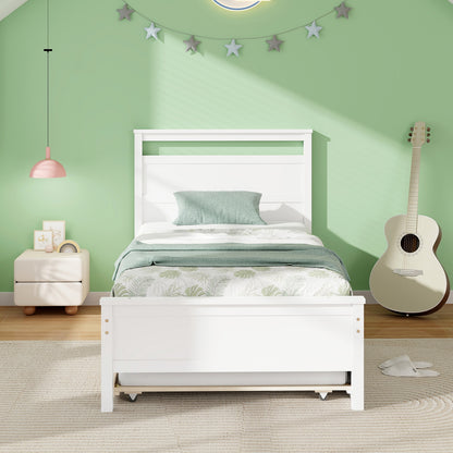 Twin Size Wooden Bed Frame with Trundle for Teens and Adults, White Trundle Bed Frame   at Gallery Canada