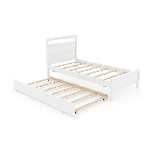 Twin Size Wooden Bed Frame with Trundle for Teens and Adults, White