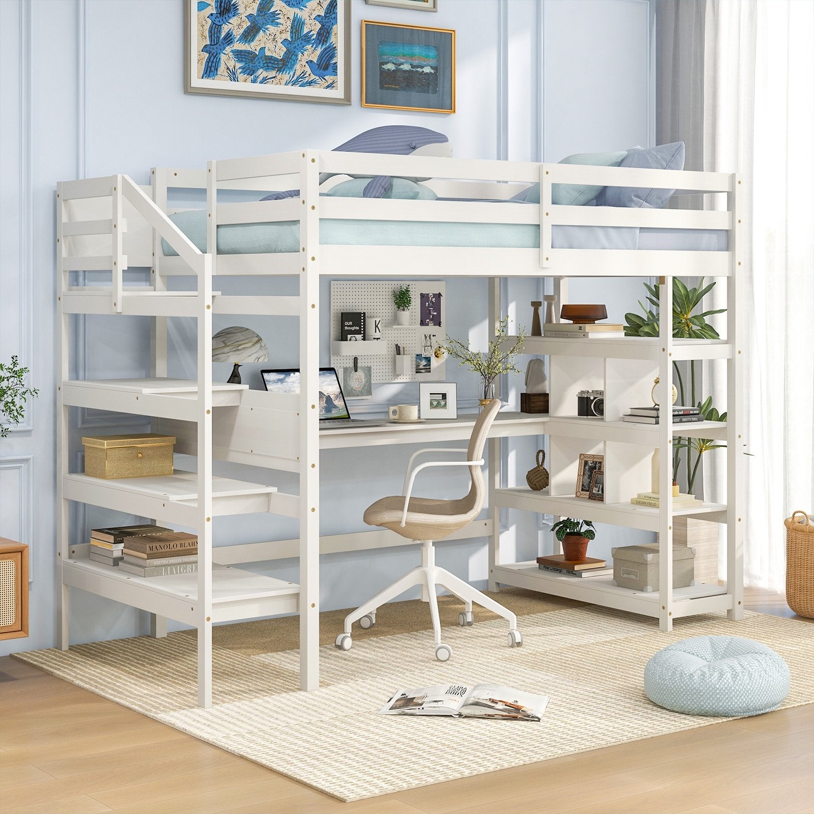 Twin Size Loft Bed with Desk and Storage Stairs Loft Bed Frame with Shelves and Safety Guardrails, White Bunk Bed Frame   at Gallery Canada