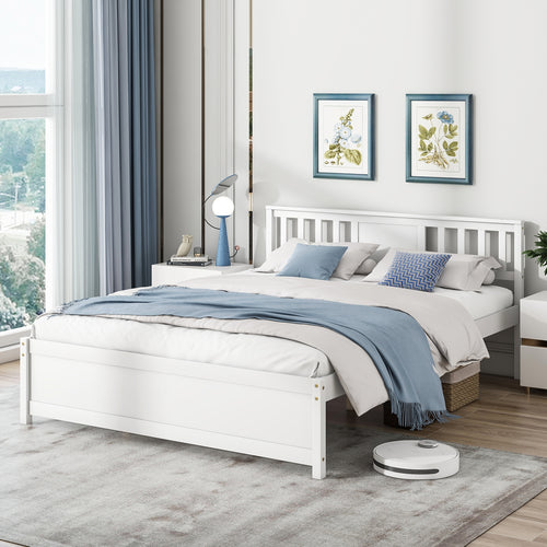 Wooden Platform Bed with Headboard and Wood Slat Support White-Queen Size, White