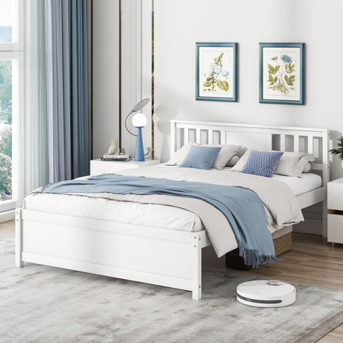 Wooden Platform Bed with Headboard and Wood Slat Support White-Full Size, White