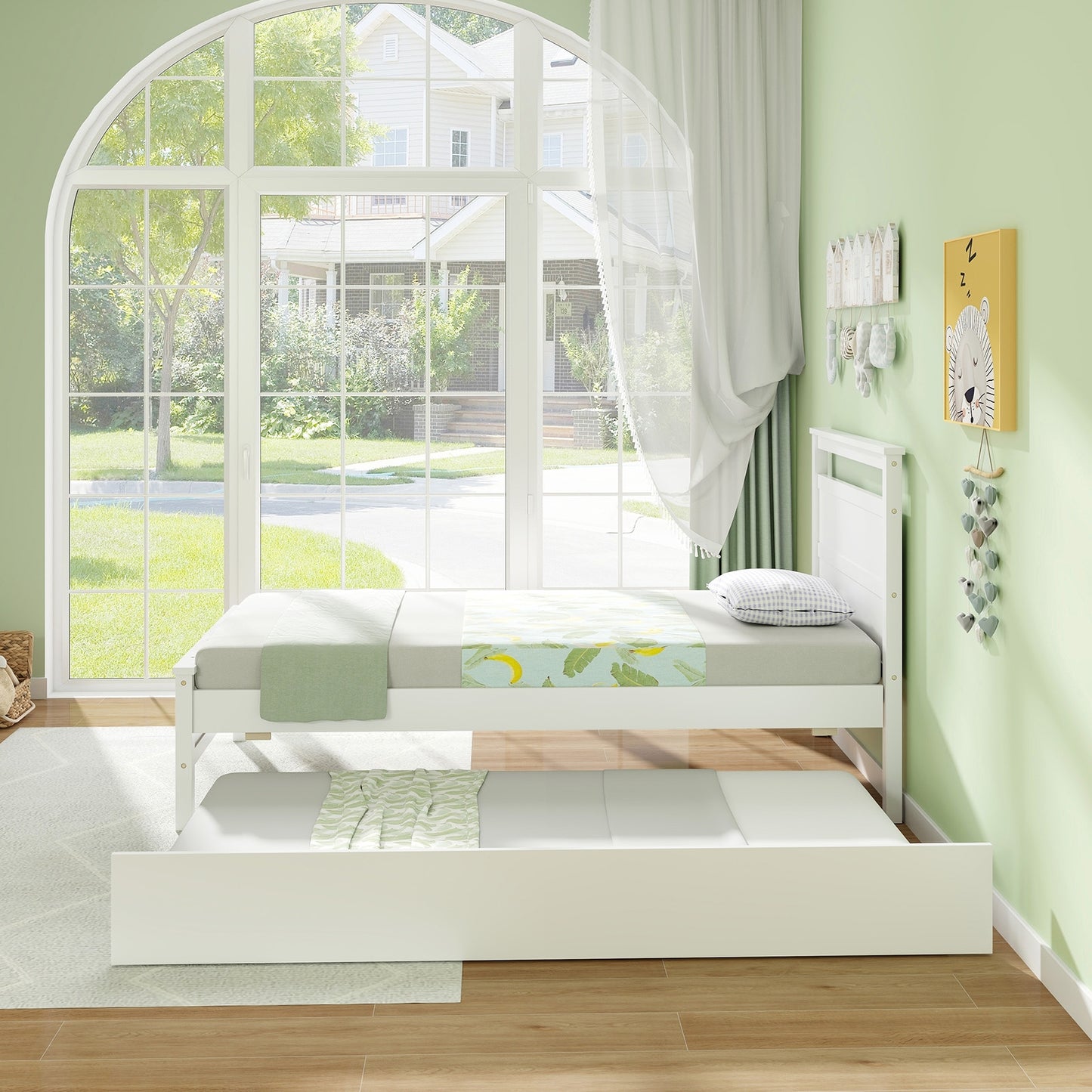 Twin Size Wooden Bed Frame with Trundle for Teens and Adults, White Trundle Bed Frame   at Gallery Canada