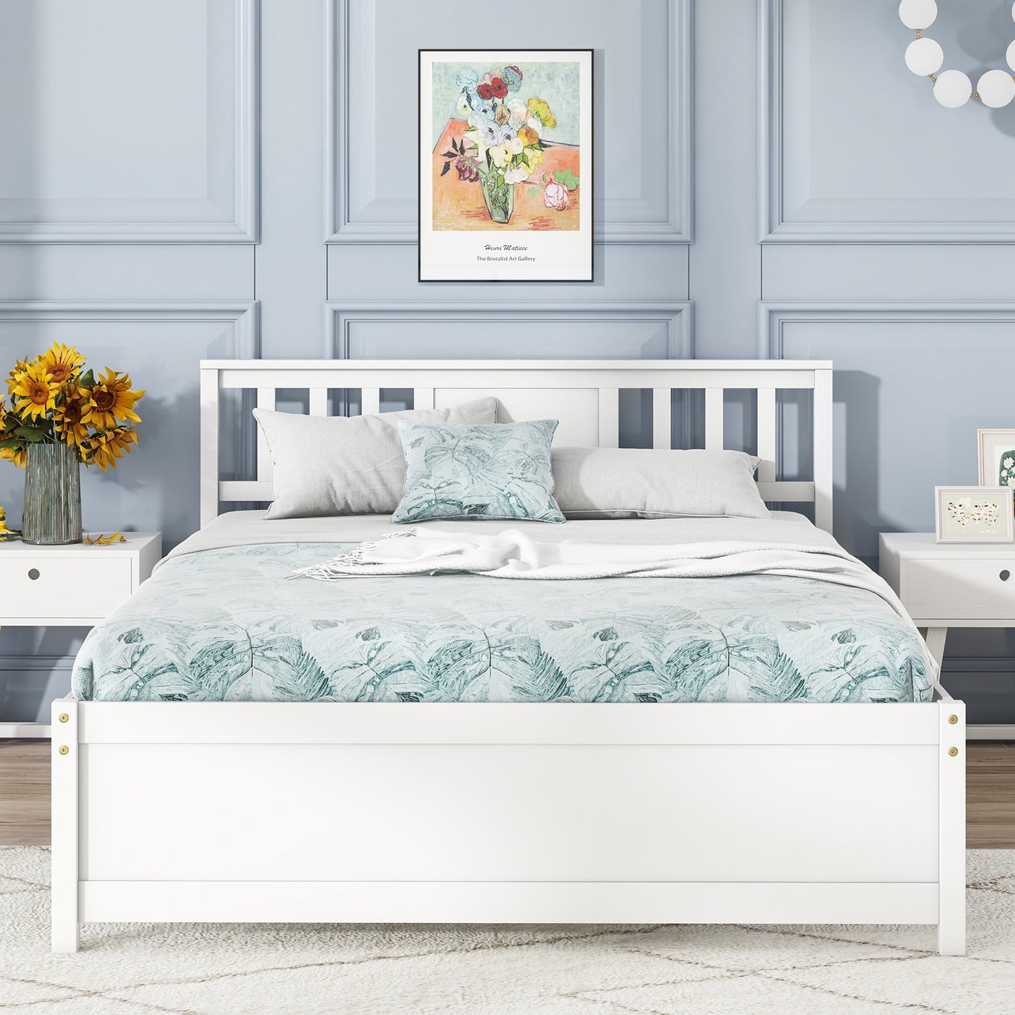 Wooden Platform Bed with Headboard and Wood Slat Support White-Full Size, White Simple Bed Frame at Gallery Canada