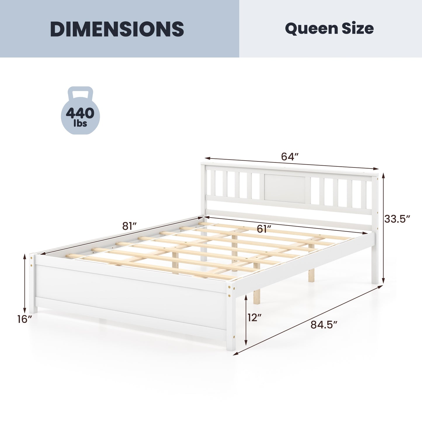 Wooden Platform Bed with Headboard and Wood Slat Support White-Queen Size, White Simple Bed Frame at Gallery Canada