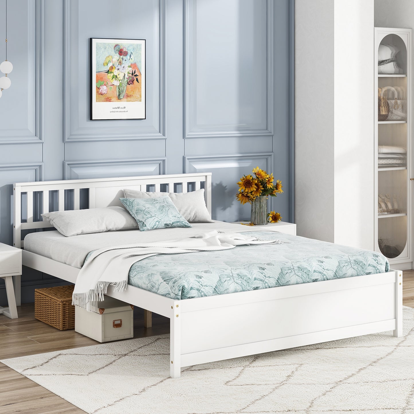 Wooden Platform Bed with Headboard and Wood Slat Support White-Queen Size, White Simple Bed Frame at Gallery Canada