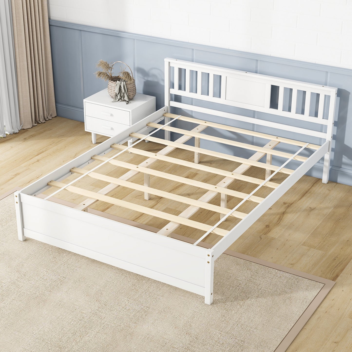 Wooden Platform Bed with Headboard and Wood Slat Support White-Queen Size, White Simple Bed Frame at Gallery Canada