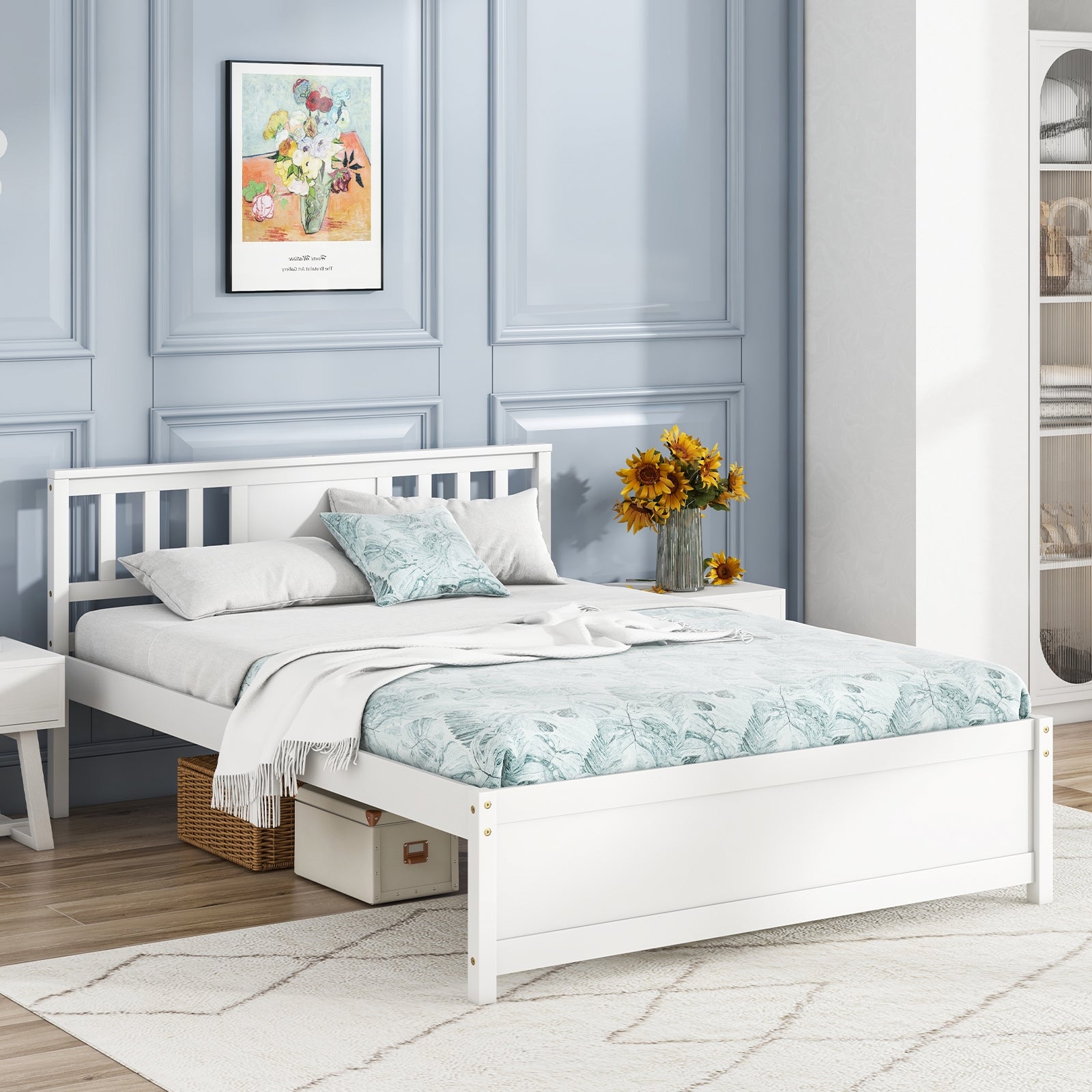 Wooden Platform Bed with Headboard and Wood Slat Support White-Full Size, White Simple Bed Frame at Gallery Canada