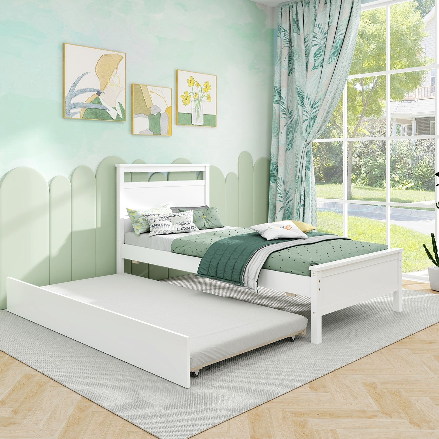 Twin Size Wooden Bed Frame with Trundle for Teens and Adults, White Trundle Bed Frame   at Gallery Canada