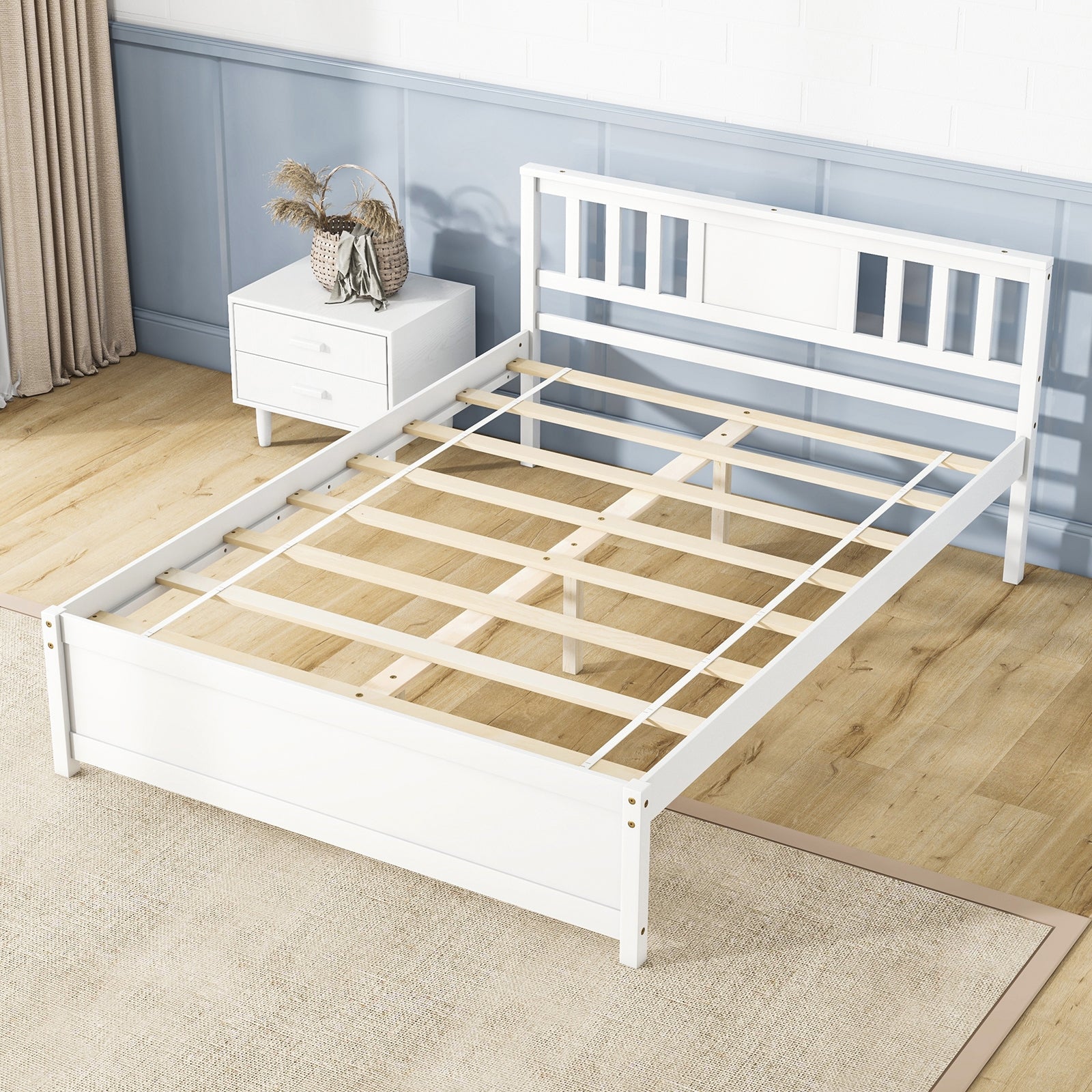 Wooden Platform Bed with Headboard and Wood Slat Support White-Full Size, White Simple Bed Frame at Gallery Canada