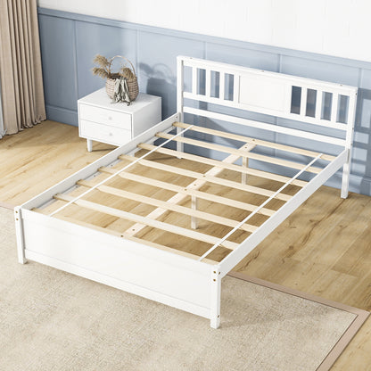 Wooden Platform Bed with Headboard and Wood Slat Support White-Full Size, White Simple Bed Frame at Gallery Canada