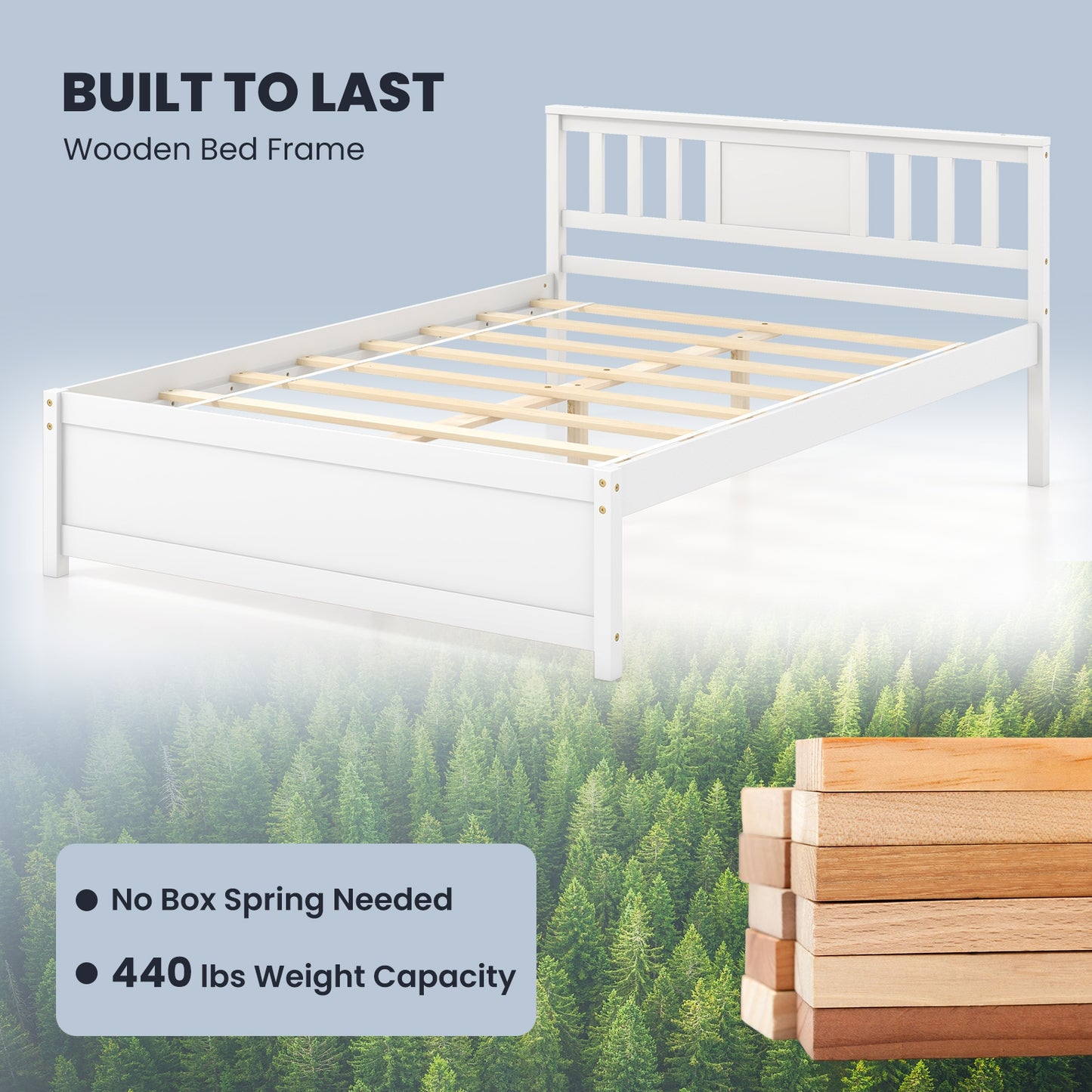 Wooden Platform Bed with Headboard and Wood Slat Support White-Full Size, White Simple Bed Frame at Gallery Canada