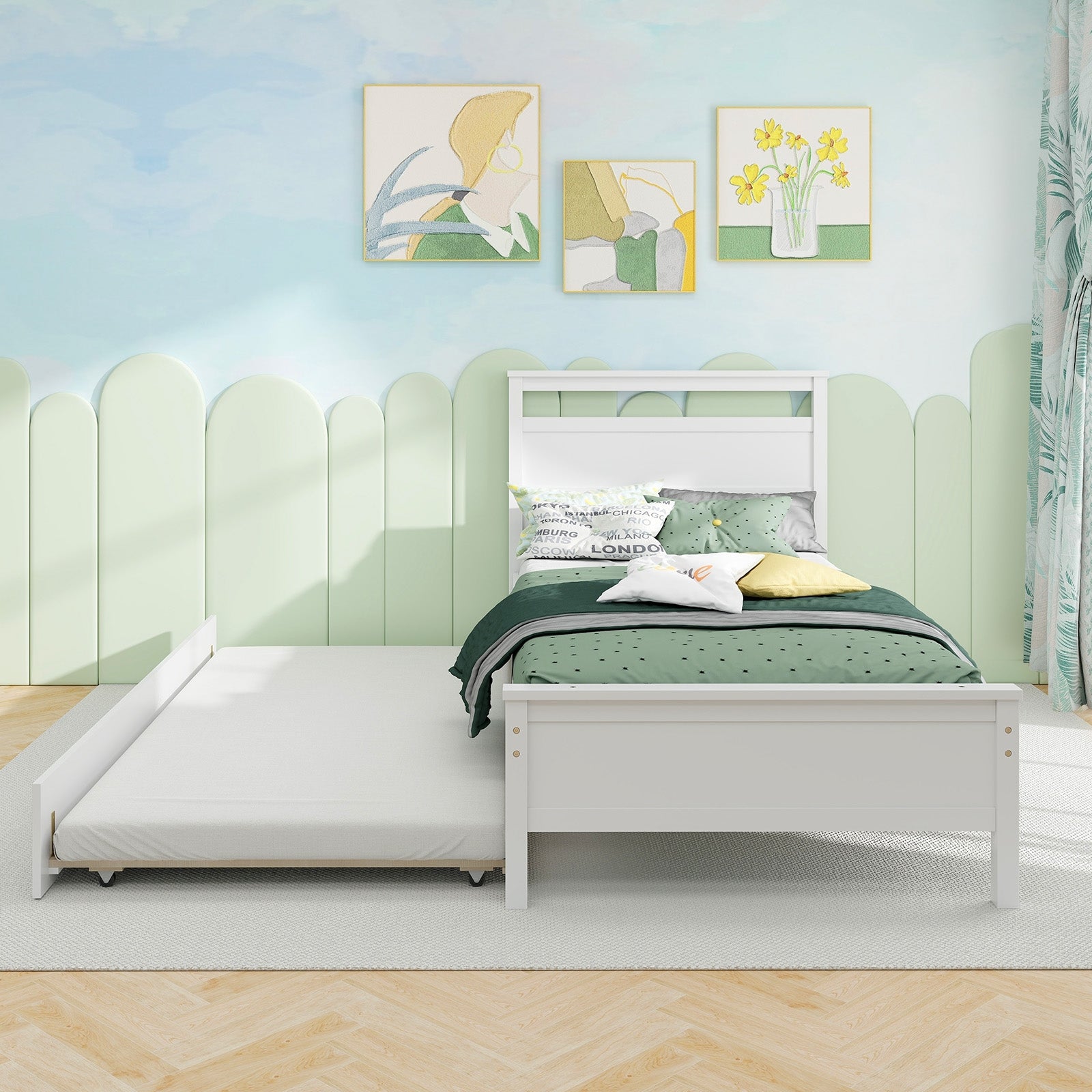 Twin Size Wooden Bed Frame with Trundle for Teens and Adults, White Trundle Bed Frame   at Gallery Canada