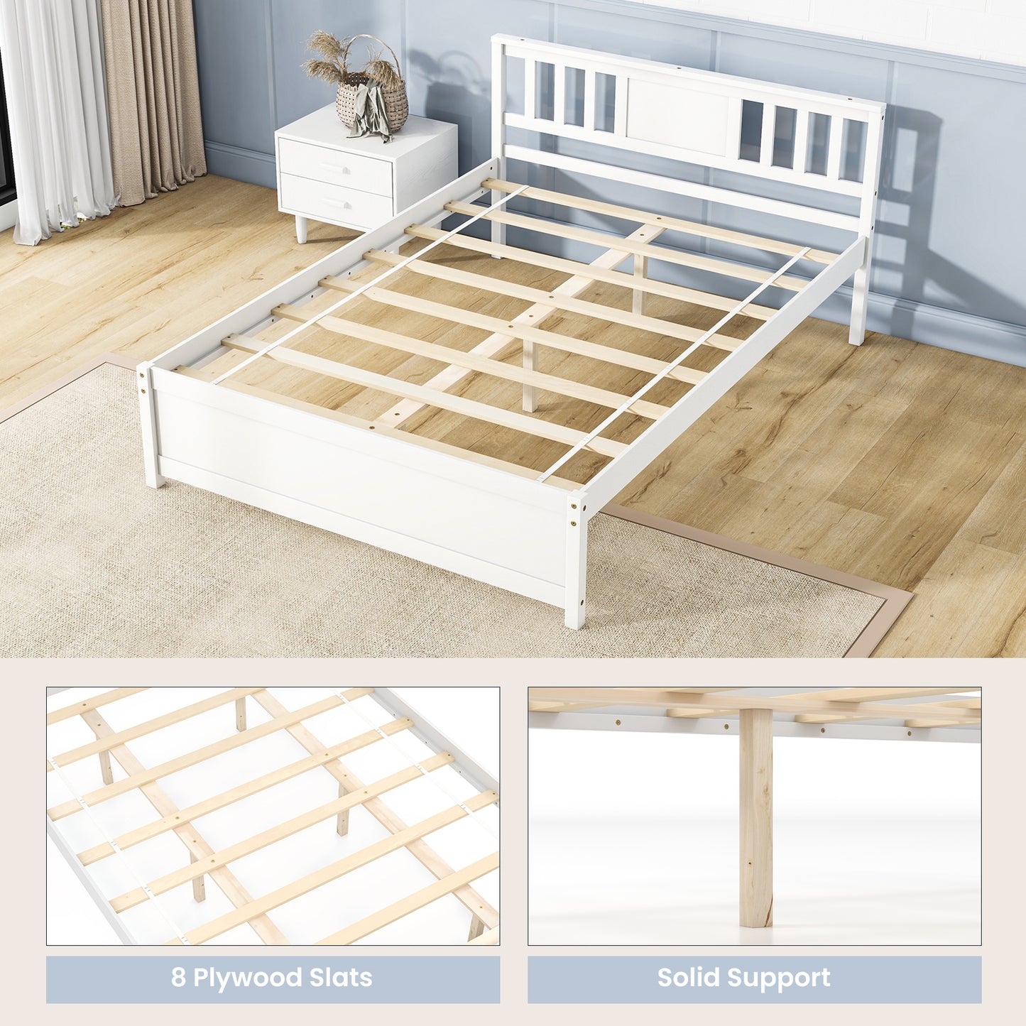 Wooden Platform Bed with Headboard and Wood Slat Support White-Full Size, White Simple Bed Frame at Gallery Canada