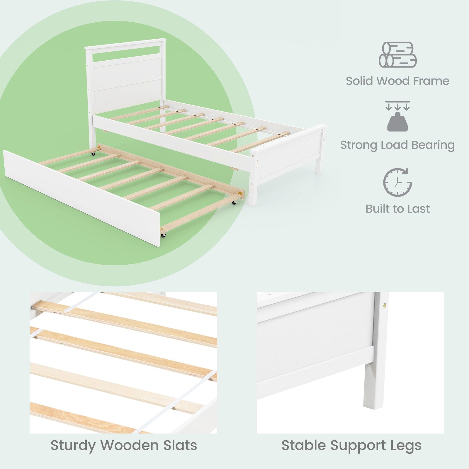 Twin Size Wooden Bed Frame with Trundle for Teens and Adults, White Trundle Bed Frame   at Gallery Canada