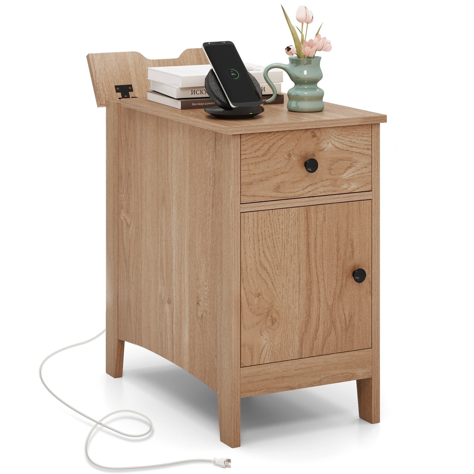 Flip Top End Table with Charging Station USB Ports Outlets and Drawer, Natural Nightstands Natural at Gallery Canada
