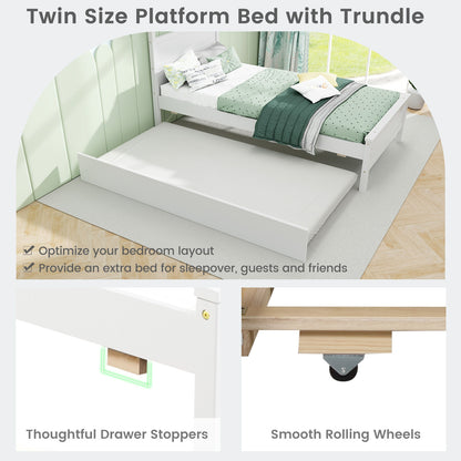 Twin Size Wooden Bed Frame with Trundle for Teens and Adults, White Trundle Bed Frame   at Gallery Canada