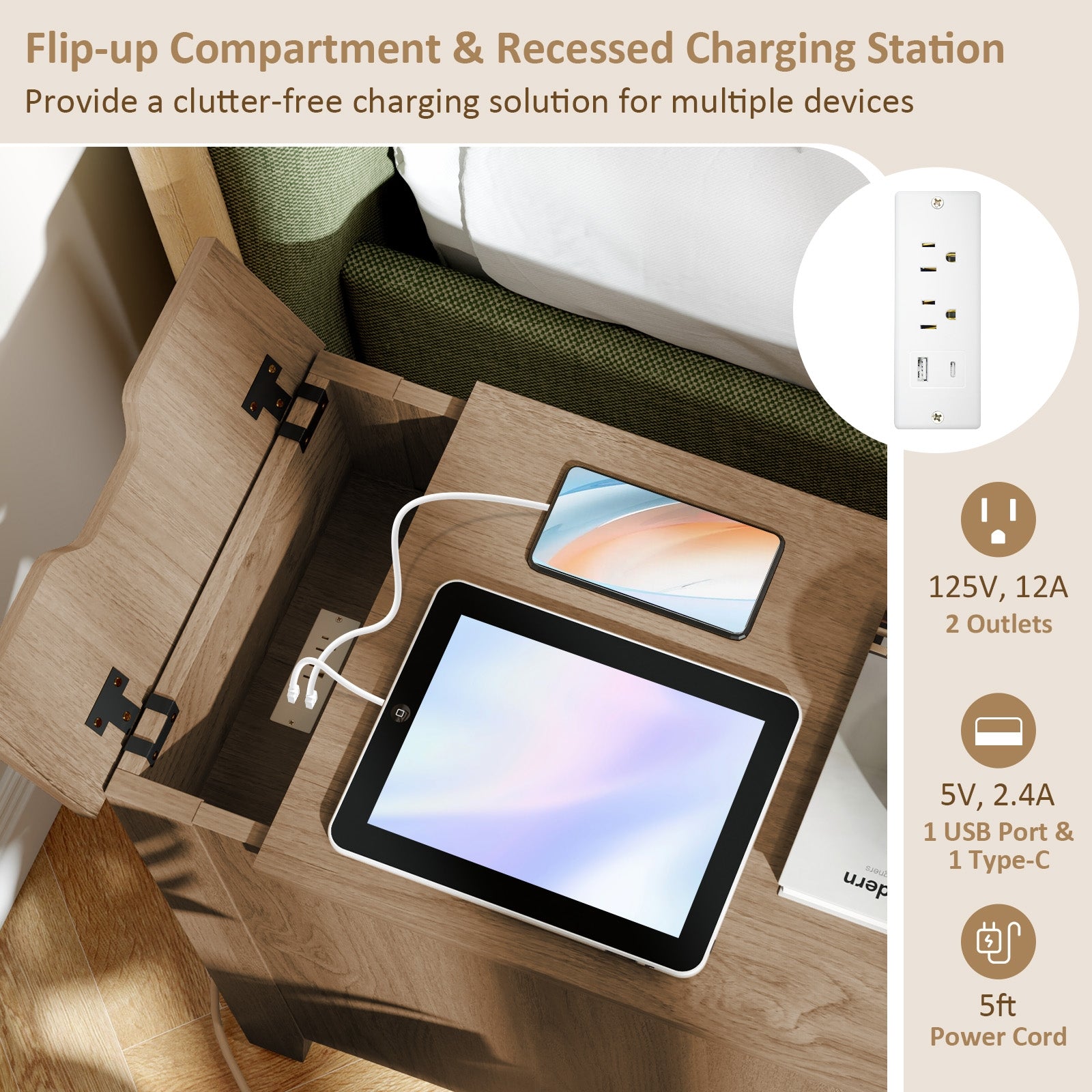 Flip Top End Table with Charging Station USB Ports Outlets and Drawer, Natural Nightstands at Gallery Canada