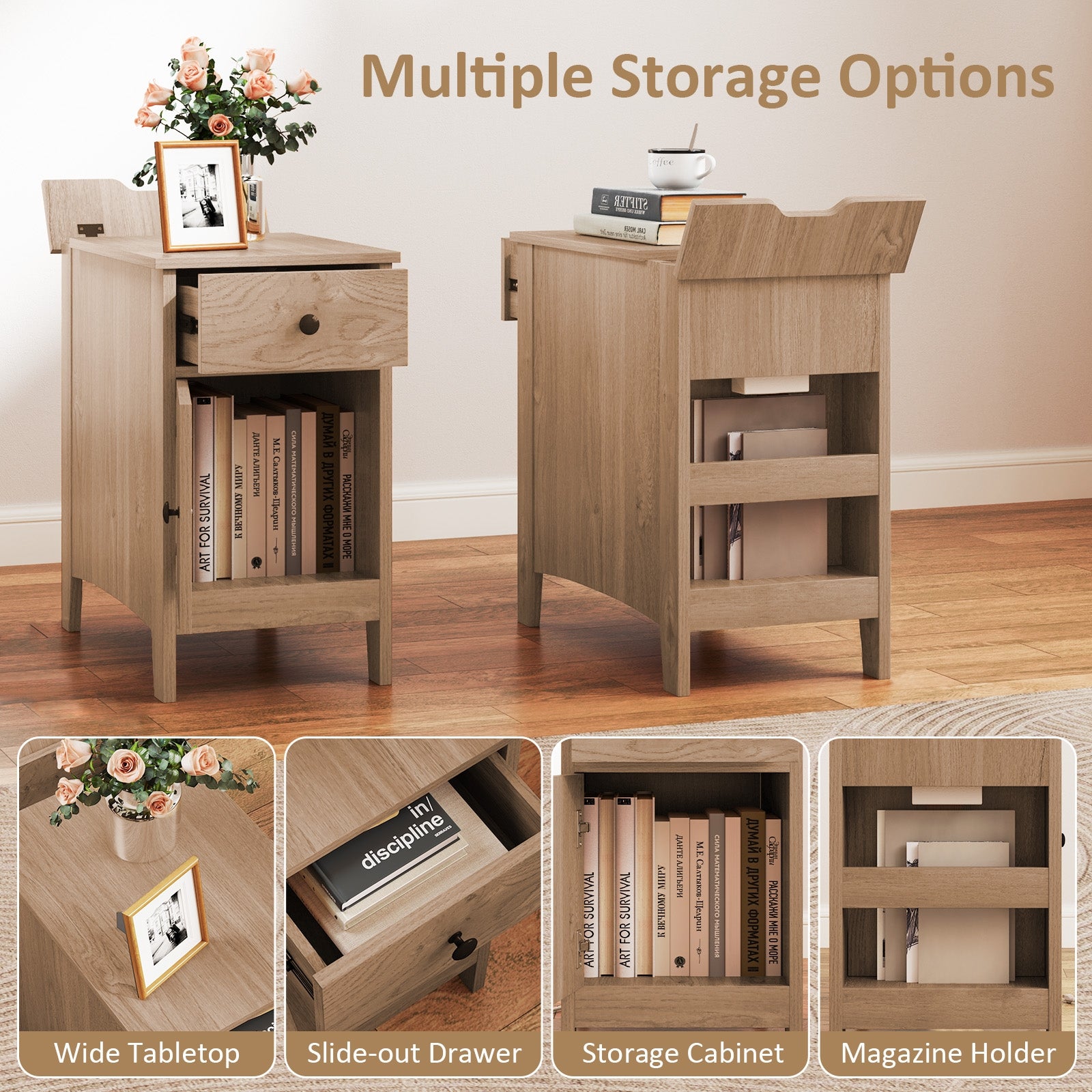Flip Top End Table with Charging Station USB Ports Outlets and Drawer, Natural Nightstands at Gallery Canada