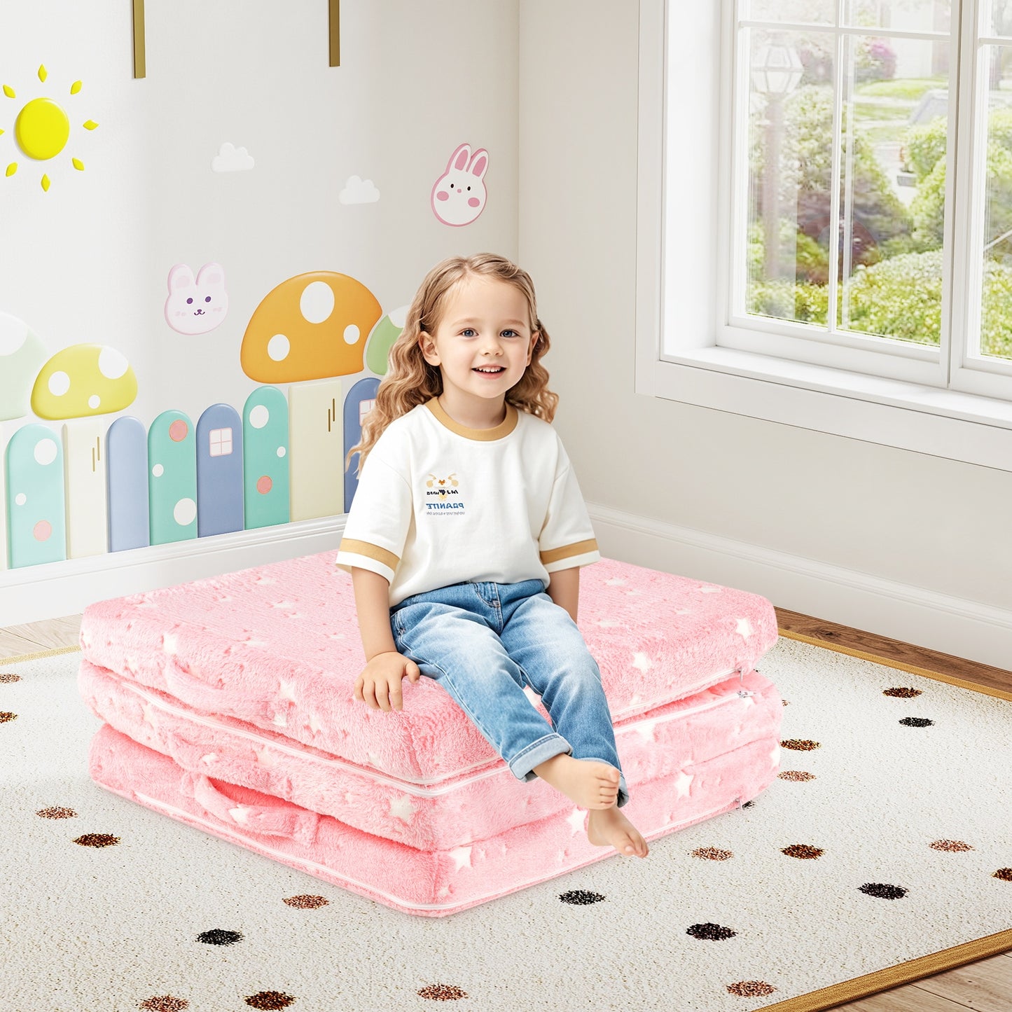 Foldable Floor Mattress for Kids with Washable Flannel Cover, Pink Mattresses at Gallery Canada