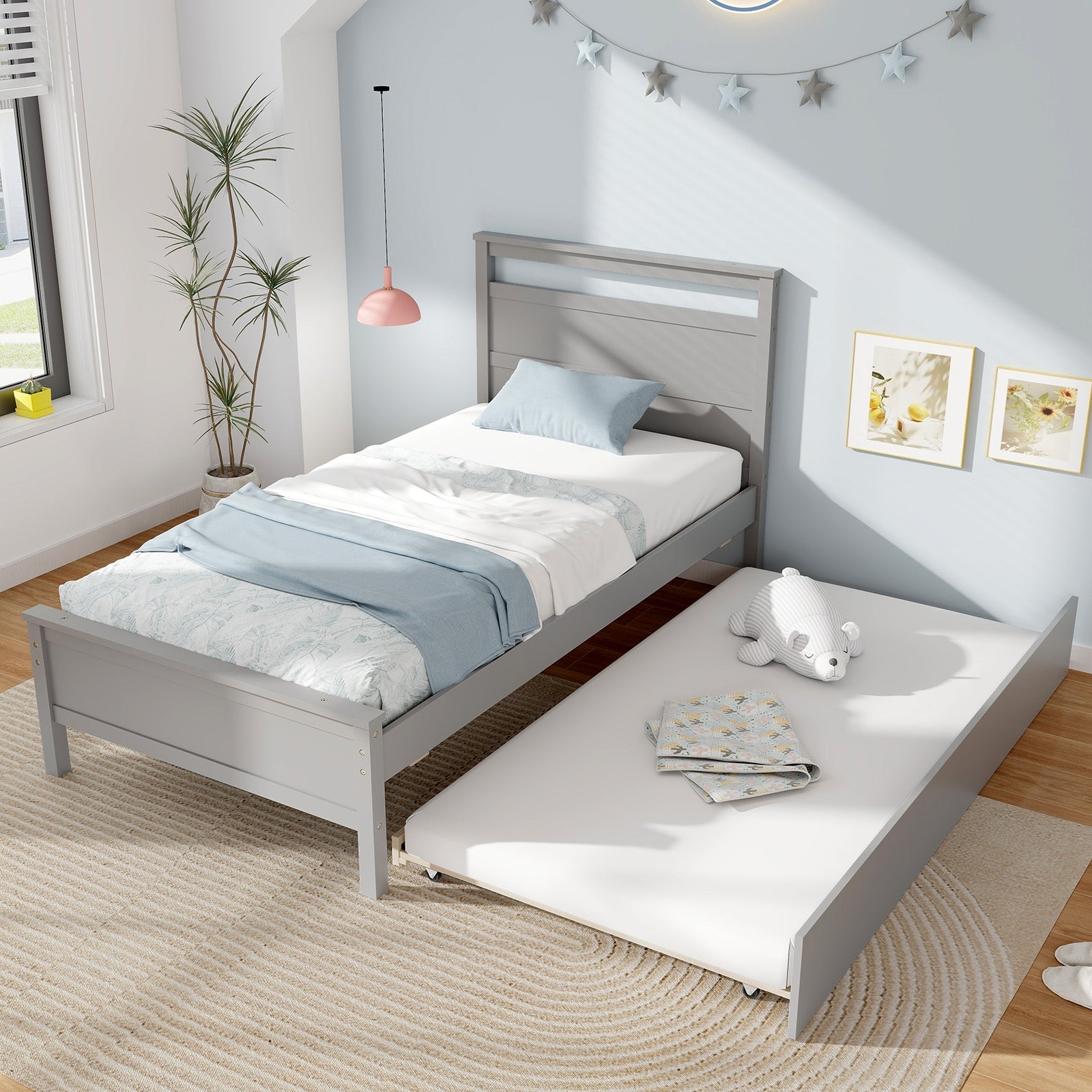 Twin Size Wooden Bed Frame with Trundle for Teens and Adults, Gray Trundle Bed Frame   at Gallery Canada