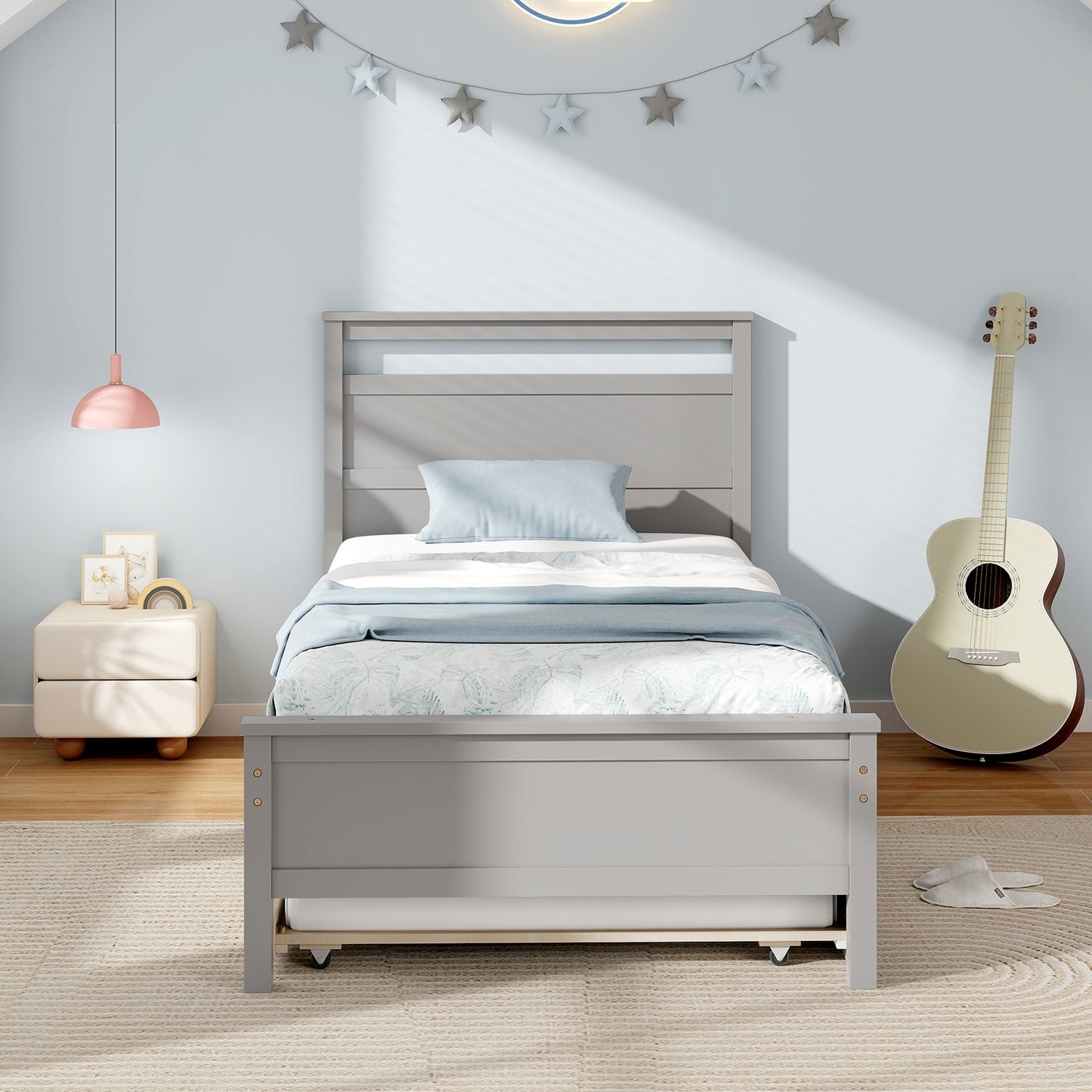 Twin Size Wooden Bed Frame with Trundle for Teens and Adults, Gray Trundle Bed Frame   at Gallery Canada