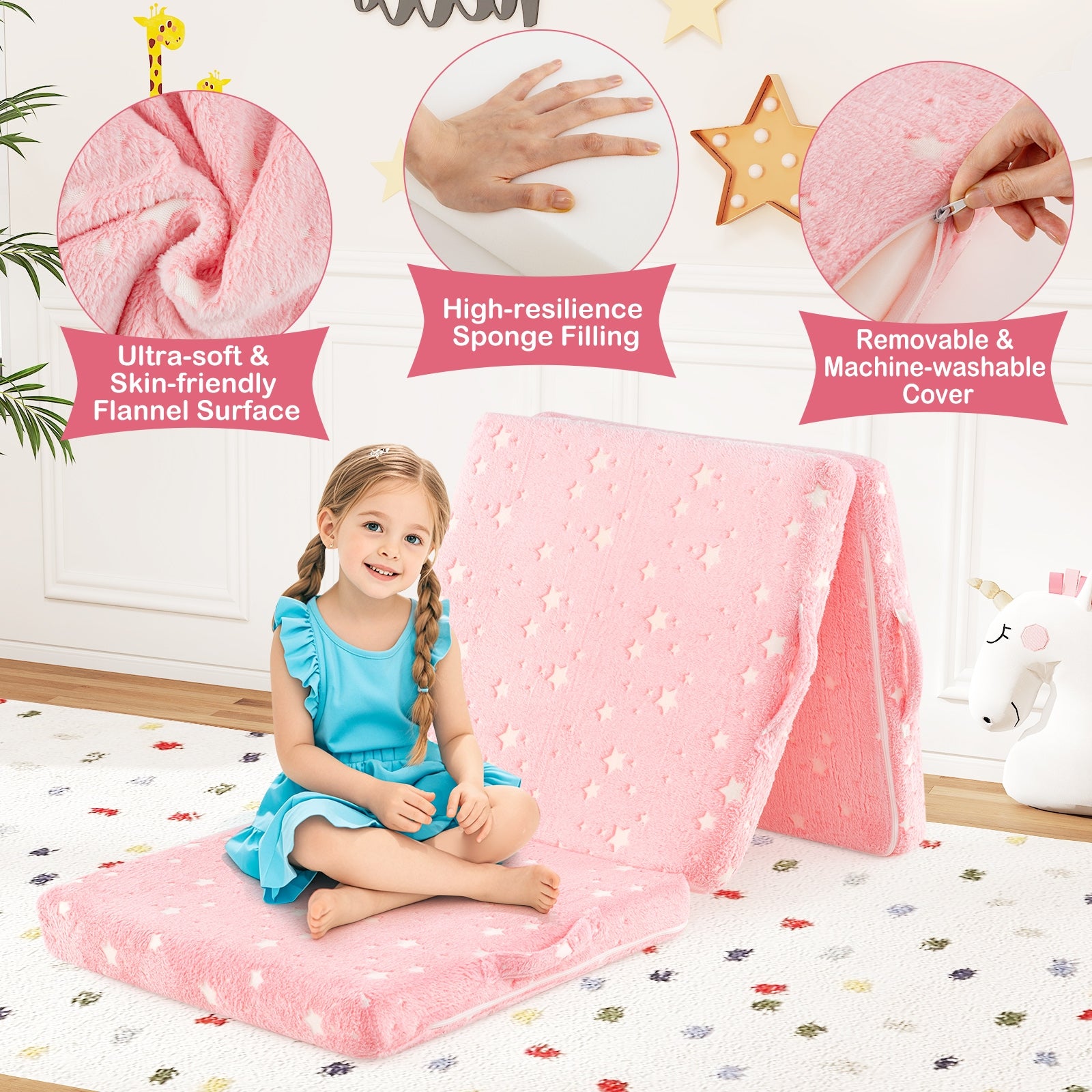 Foldable Floor Mattress for Kids with Washable Flannel Cover, Pink Mattresses at Gallery Canada