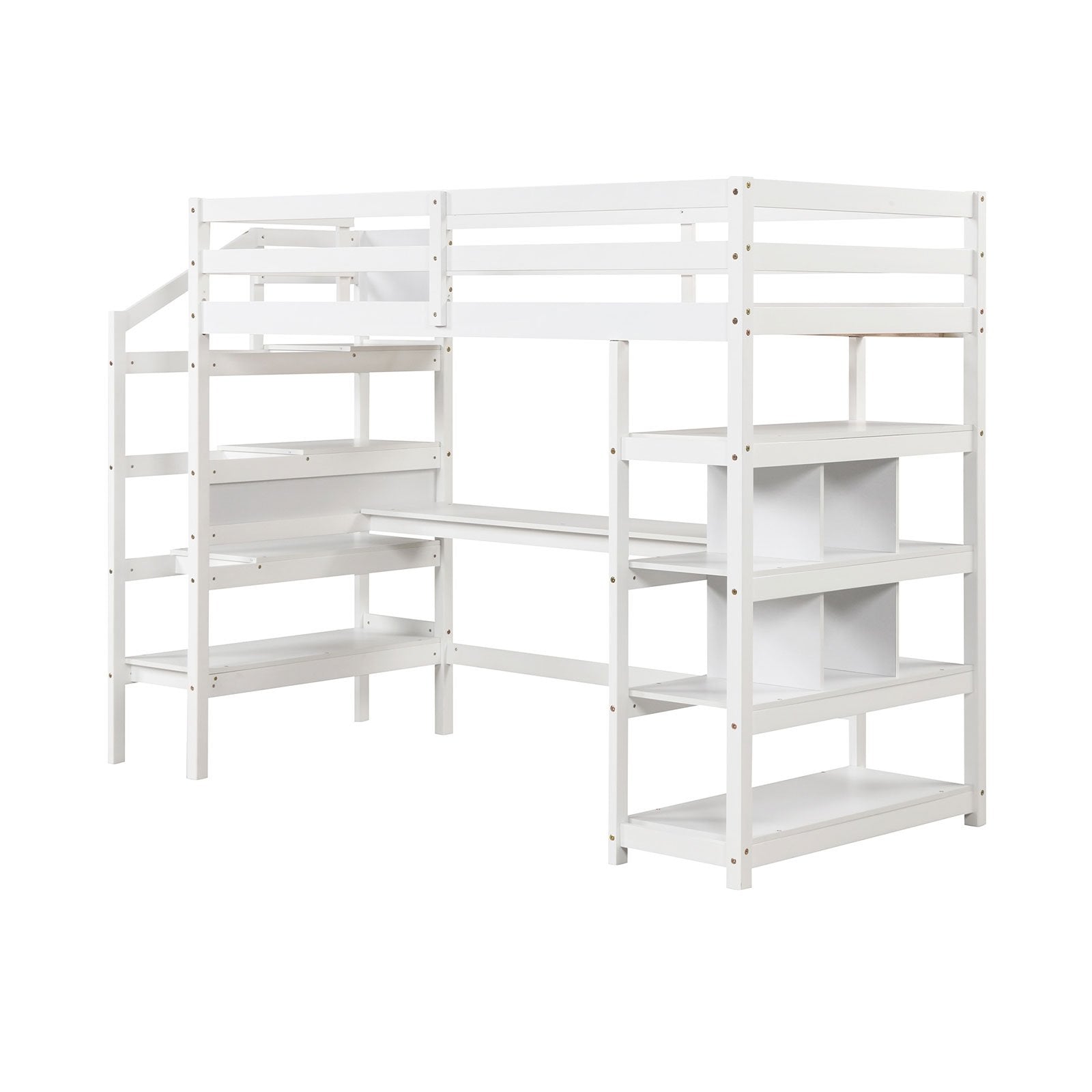 Twin Size Loft Bed with Desk and Storage Stairs Loft Bed Frame with Shelves and Safety Guardrails, White Bunk Bed Frame White  at Gallery Canada