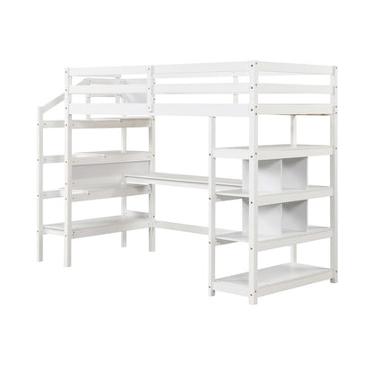 Twin Size Loft Bed with Desk and Storage Stairs Loft Bed Frame with Shelves and Safety Guardrails, White Bunk Bed Frame White  at Gallery Canada