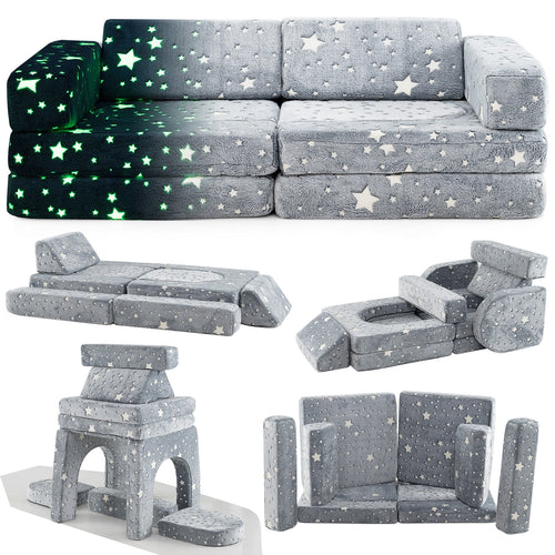 10 Pieces Modular Kids Play Couch Sectional Sofa Glow in the Dark, Gray