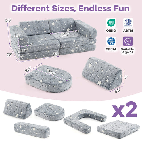 10 Pieces Modular Kids Play Couch Sectional Sofa Glow in the Dark, Gray