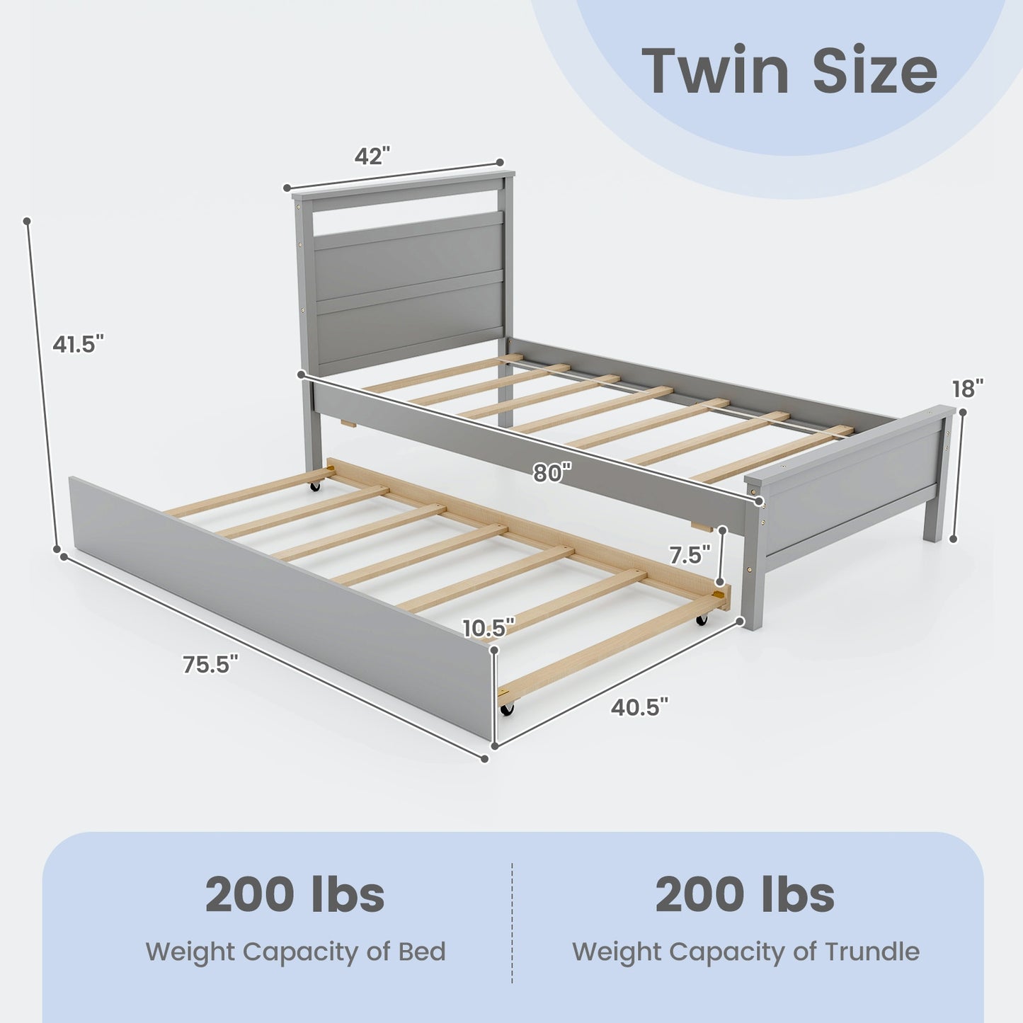 Twin Size Wooden Bed Frame with Trundle for Teens and Adults, Gray Trundle Bed Frame   at Gallery Canada