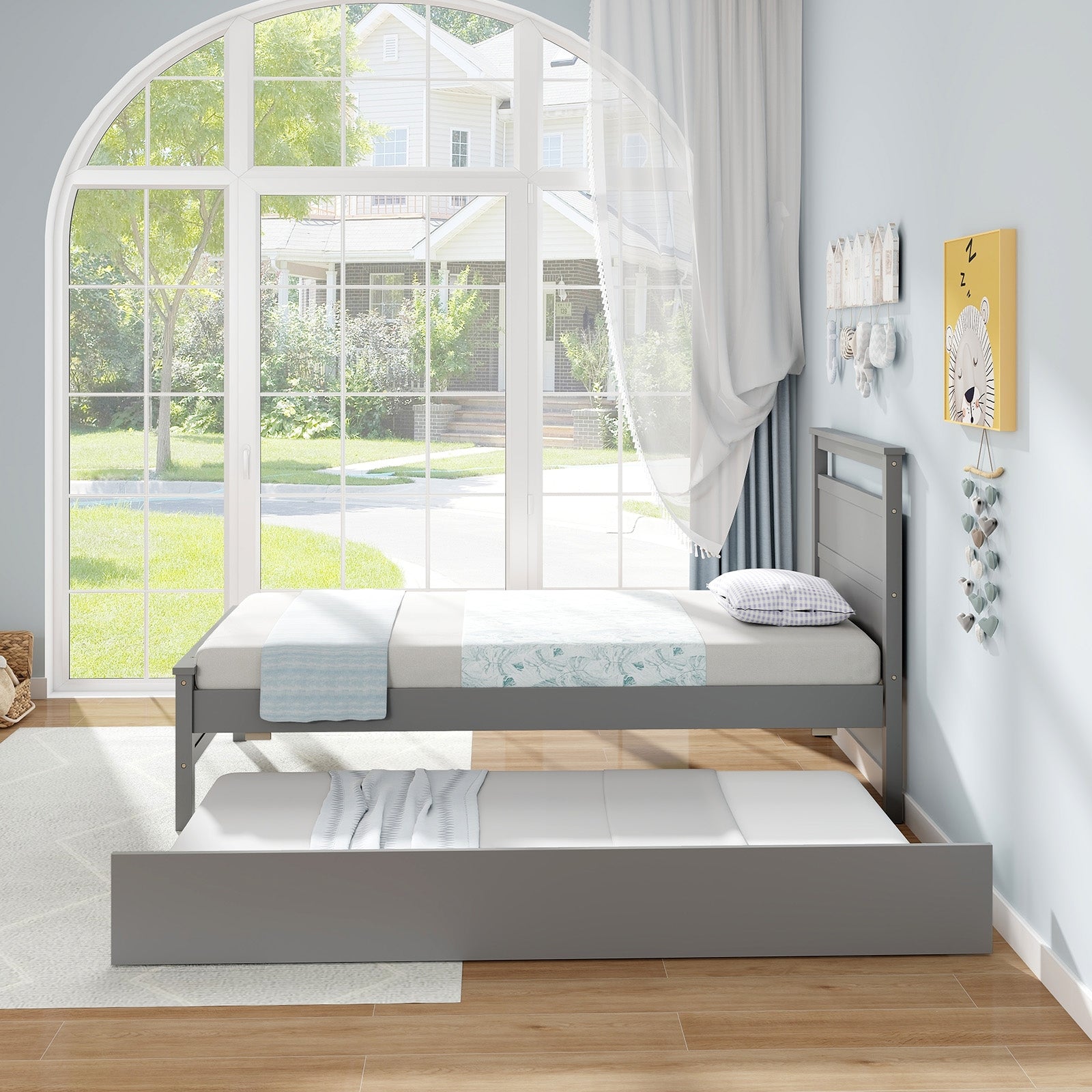 Twin Size Wooden Bed Frame with Trundle for Teens and Adults, Gray Trundle Bed Frame   at Gallery Canada