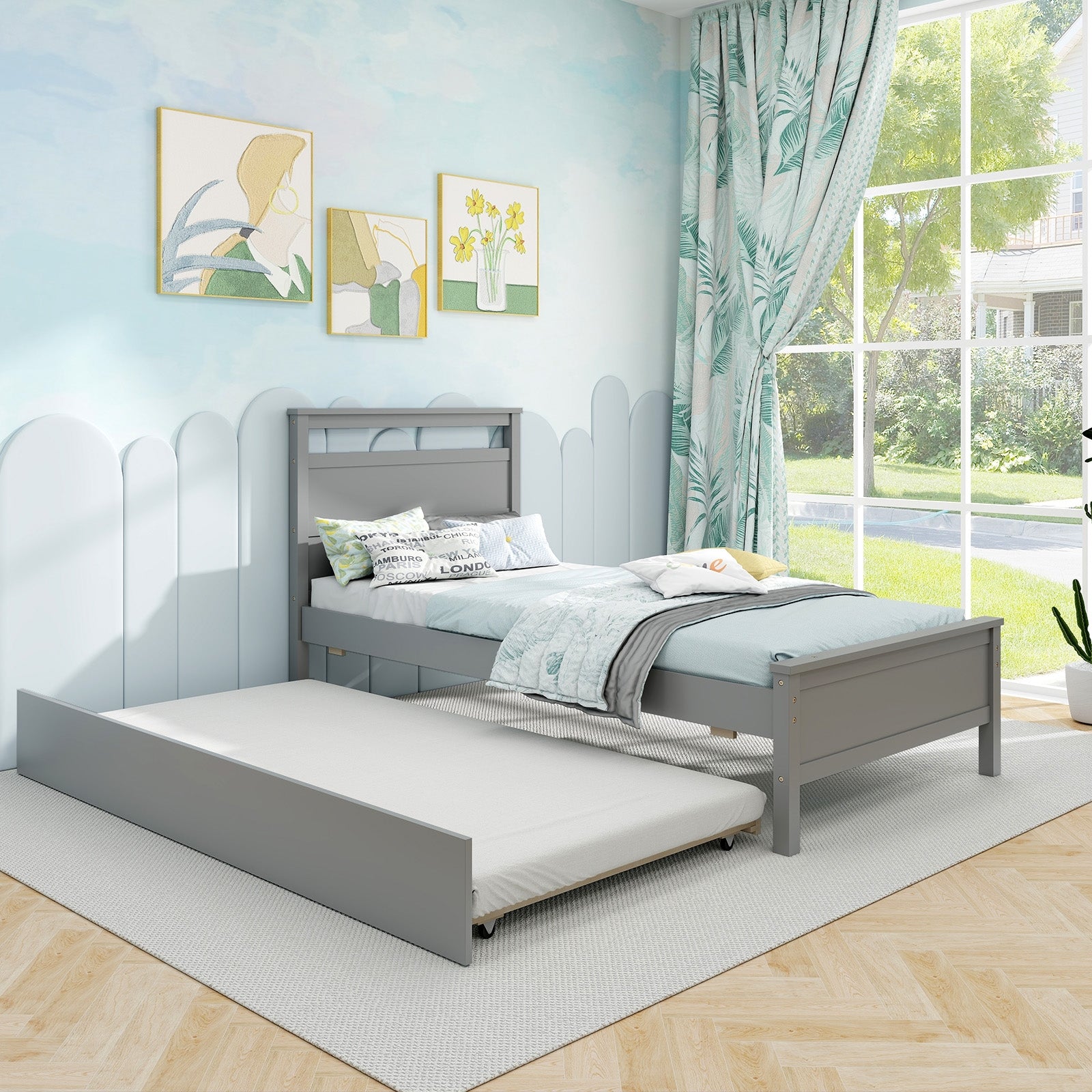 Twin Size Wooden Bed Frame with Trundle for Teens and Adults, Gray Trundle Bed Frame   at Gallery Canada