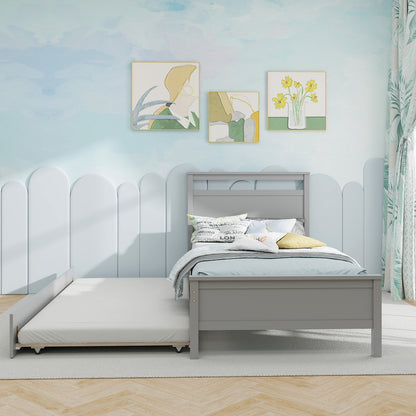 Twin Size Wooden Bed Frame with Trundle for Teens and Adults, Gray Trundle Bed Frame   at Gallery Canada