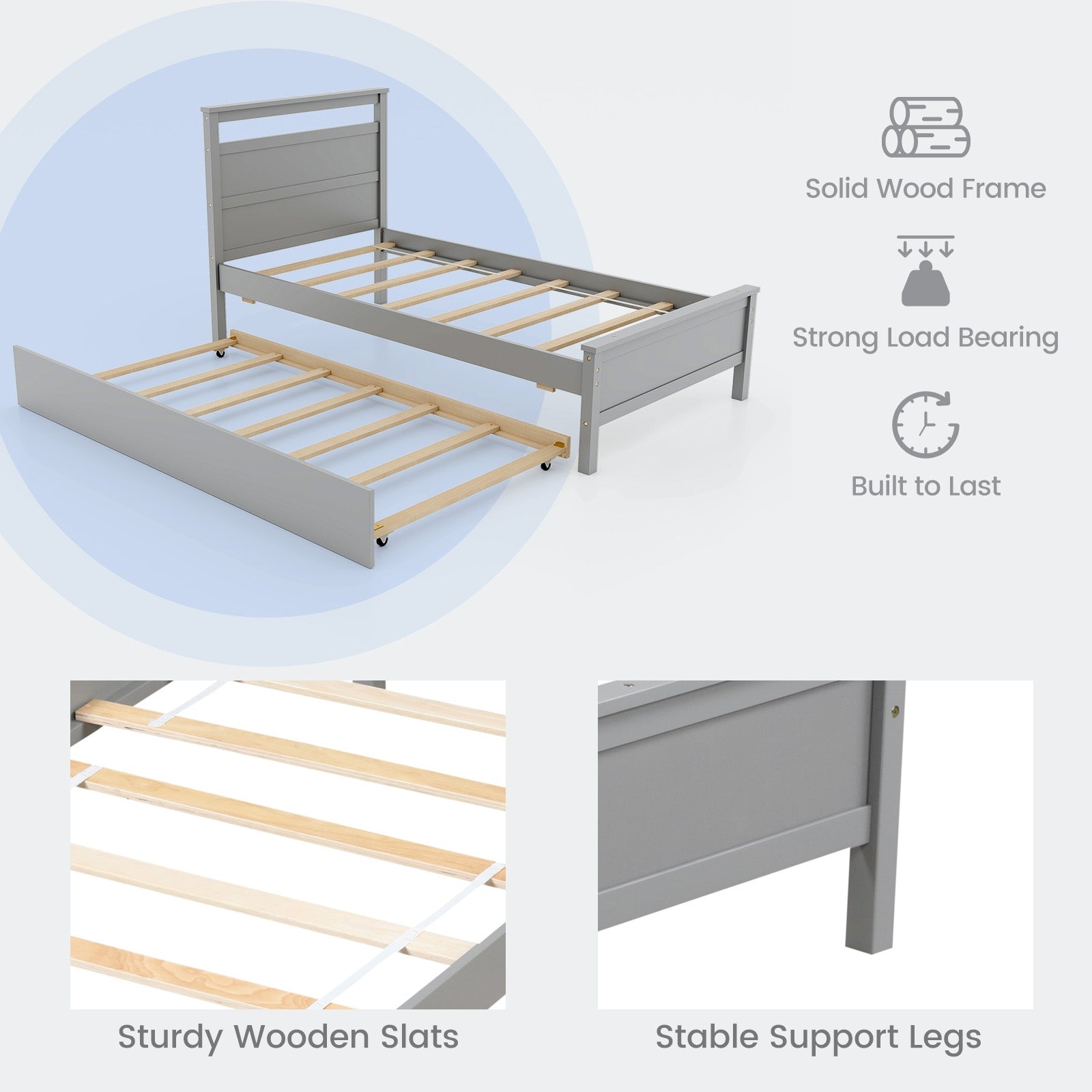 Twin Size Wooden Bed Frame with Trundle for Teens and Adults, Gray Trundle Bed Frame   at Gallery Canada