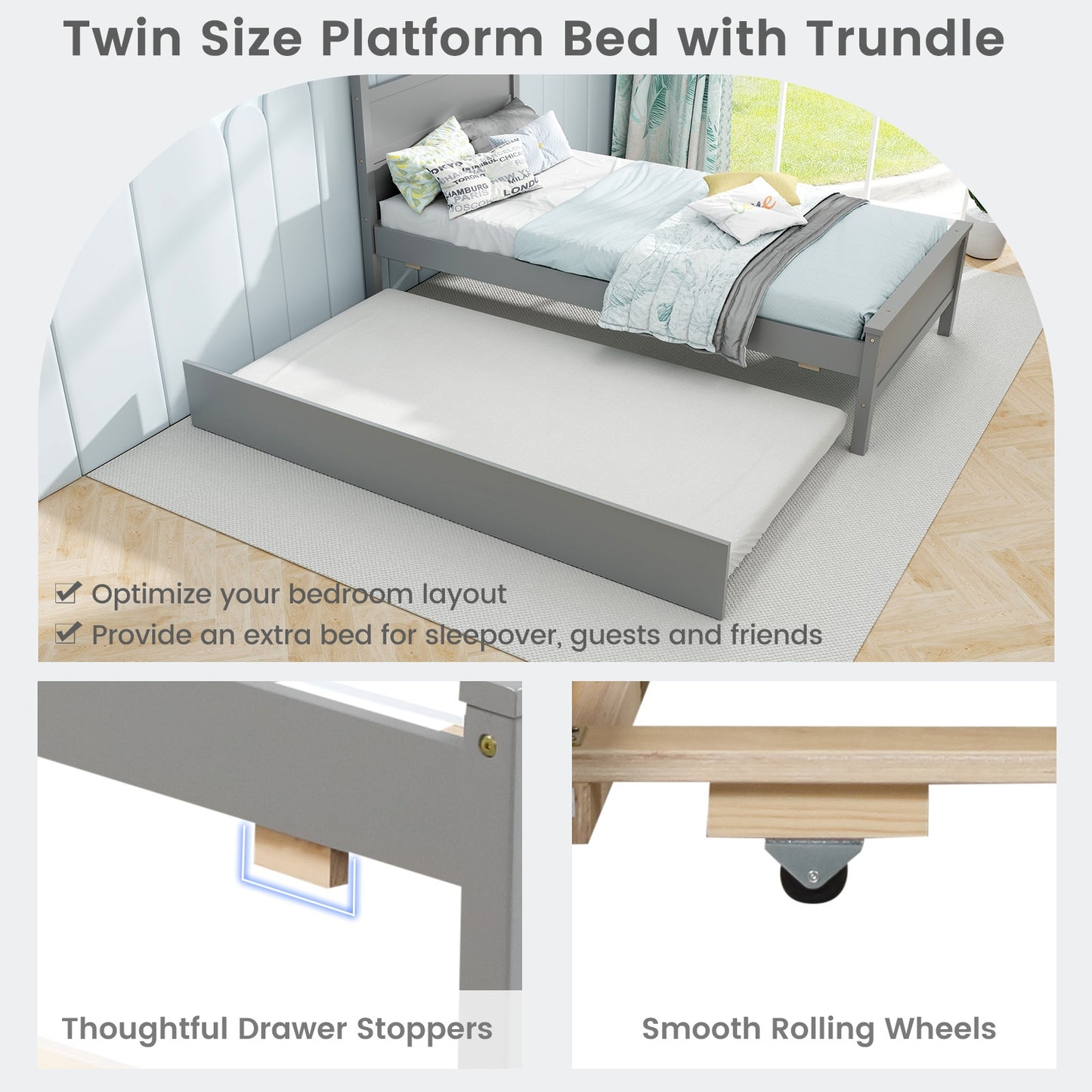 Twin Size Wooden Bed Frame with Trundle for Teens and Adults, Gray Trundle Bed Frame   at Gallery Canada